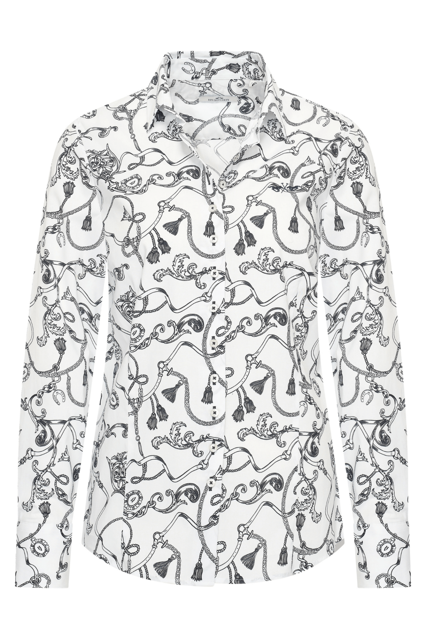 Dotique HV Society blue and white printed viscose blouse with tassel and chain motif