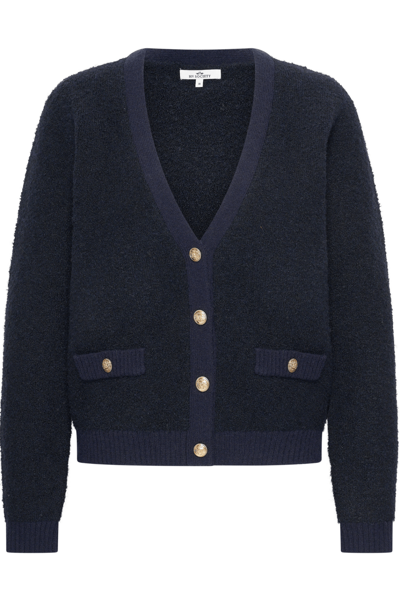 HV Society navy cardigan with gold buttons and pocket detail – Dotique