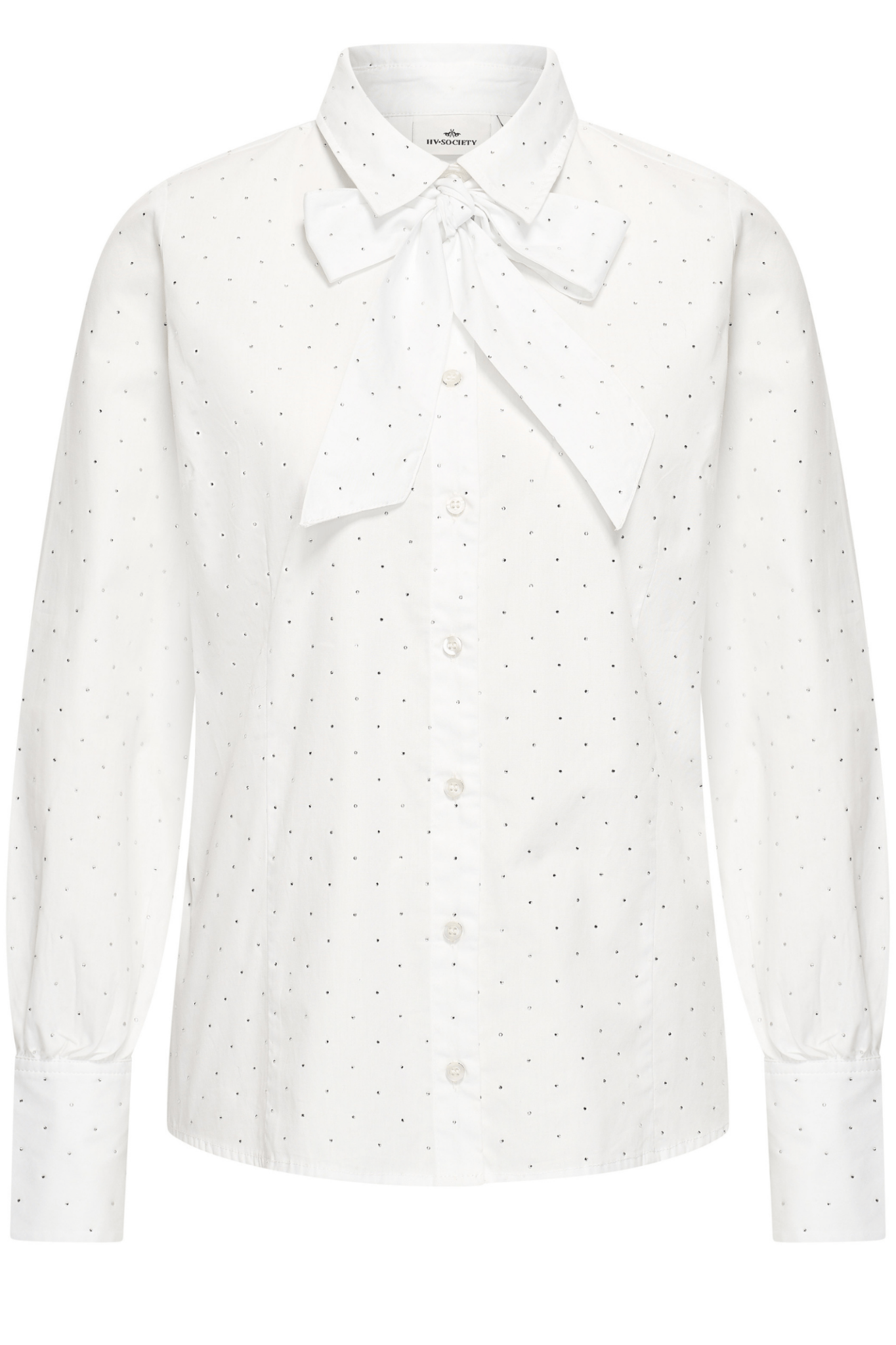 White HV Society blouse with dotted detail and bow tie neck – Dotique
