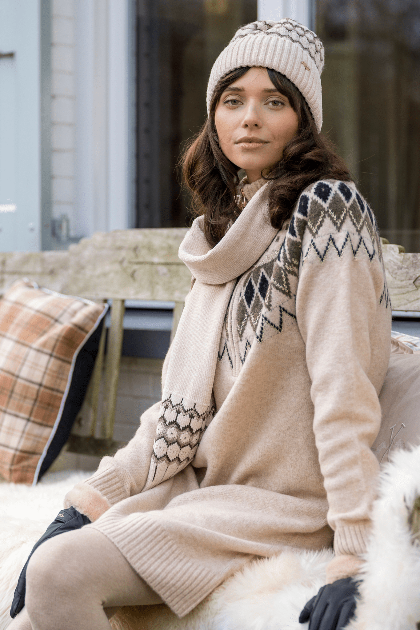 HV Society kit beige jumper dress with fair isle diamond knit yoke – Dotique