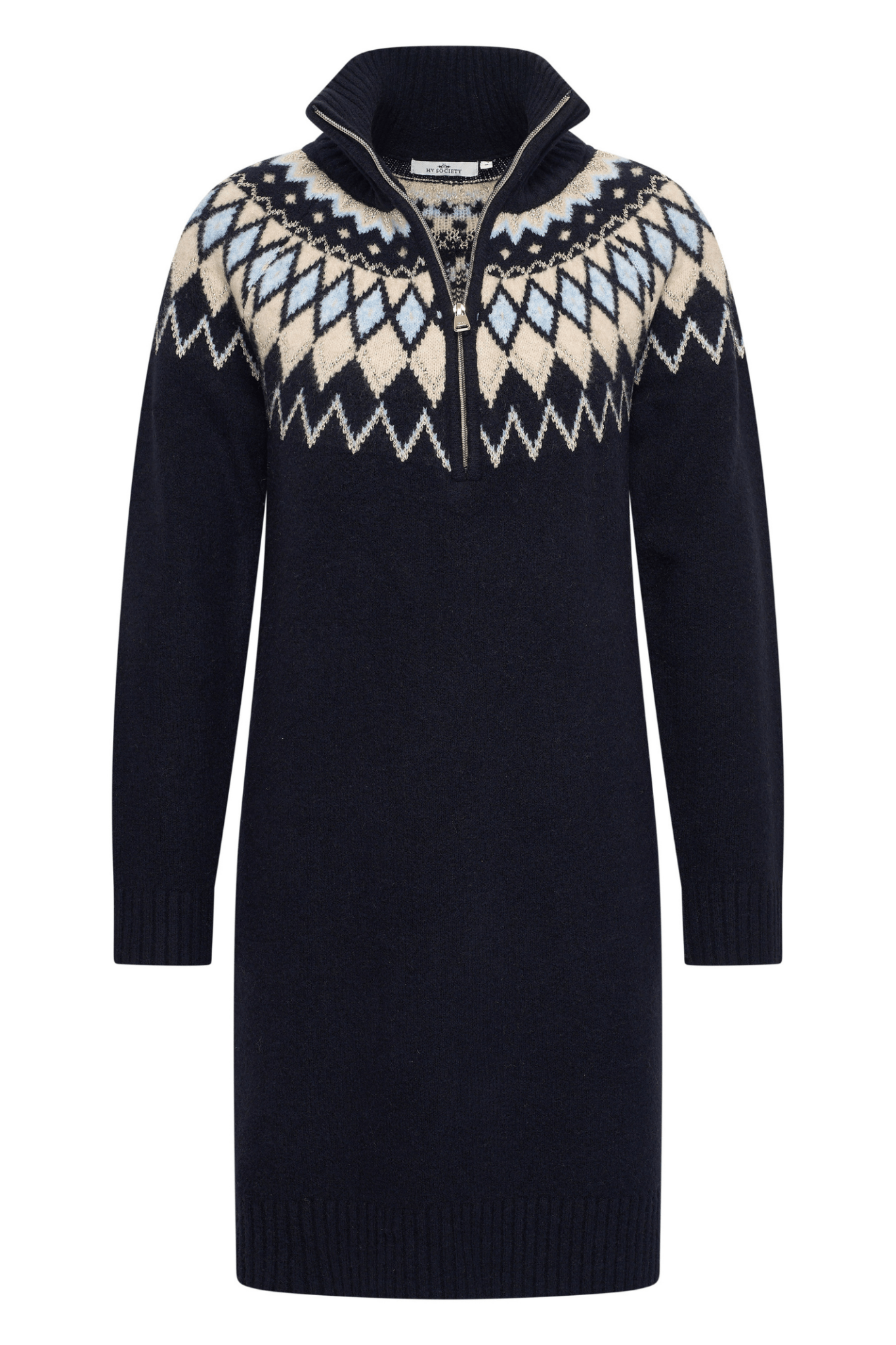 Dotique HV Society navy knitted dress with Fair Isle design in cream and blue and half zip collar