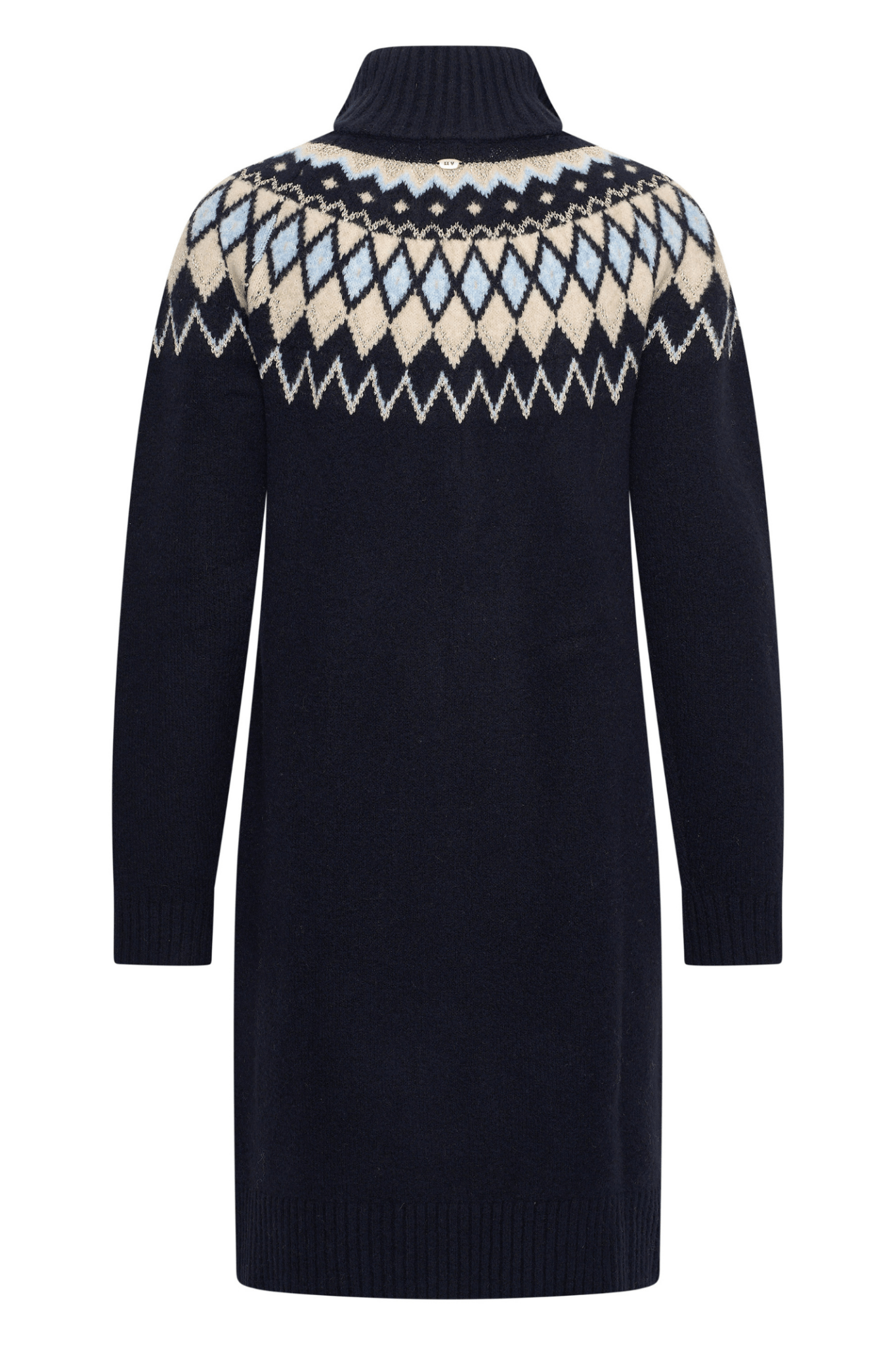 Dotique HV Society navy knitted dress with Fair Isle design in cream and blue and half zip collar