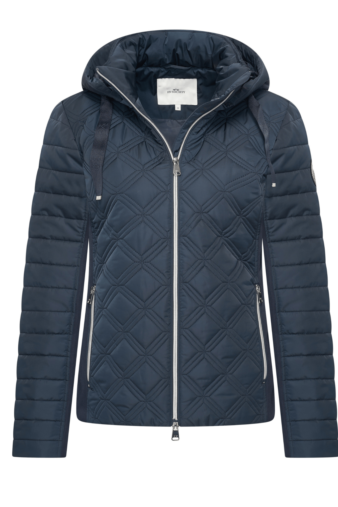 Dotique HV Society navy quilted jacket with hood and front zip fastening