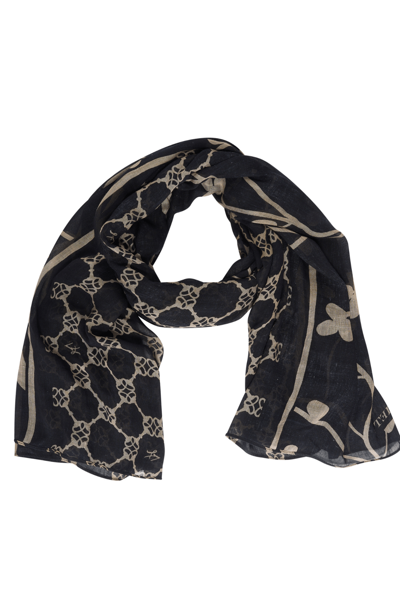 Black HV Society scarf with neutral chain and floral print – Dotique