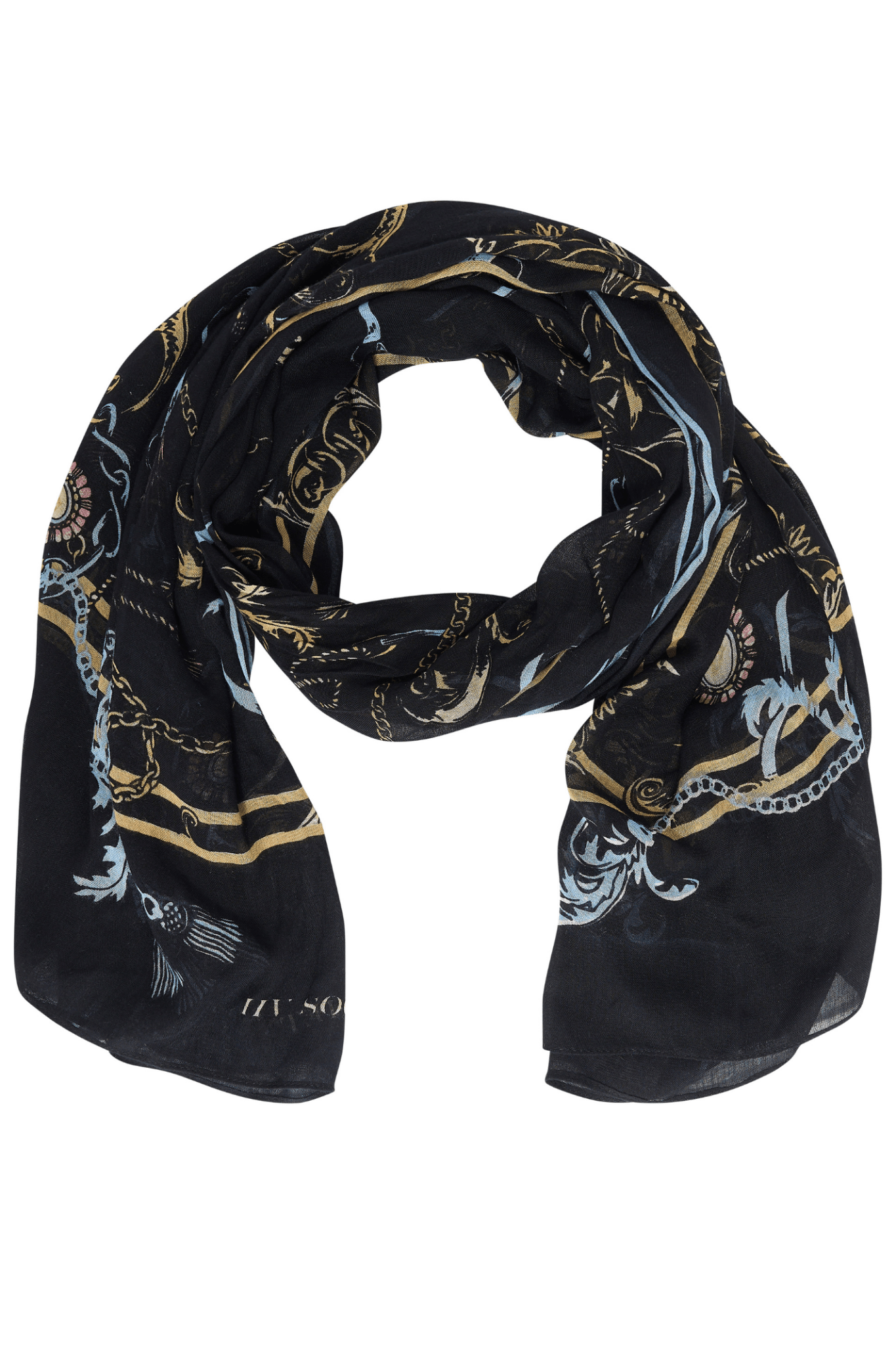 Dotique HV Society navy printed scarf with gold chain and tassel design