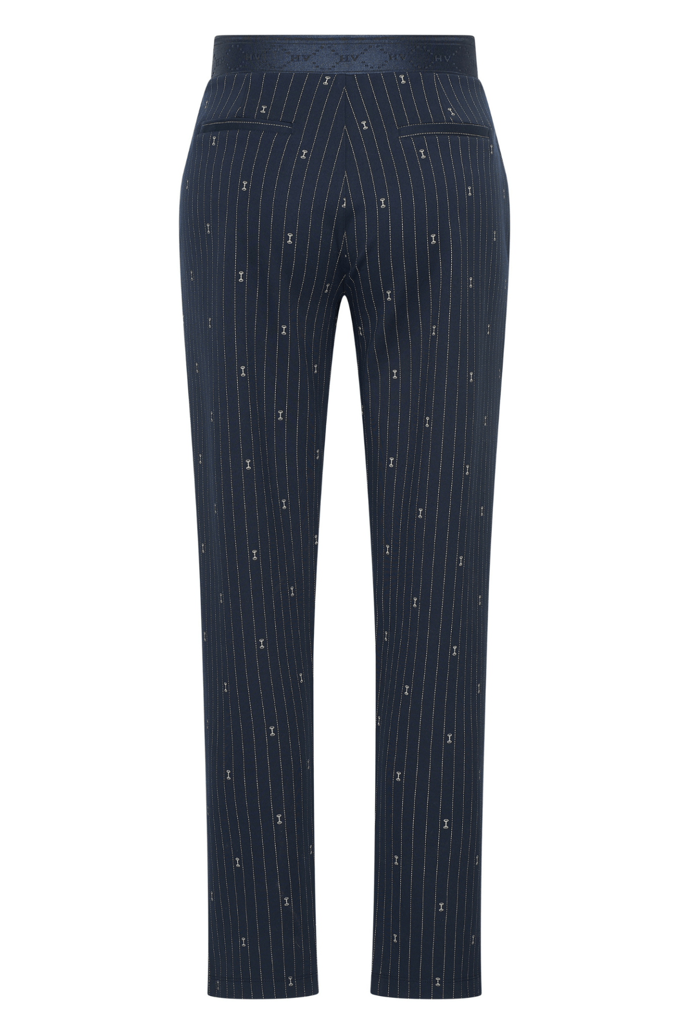 HV Society navy pinstripe trousers with small bridle bit motif and drawstring waist – Dotique