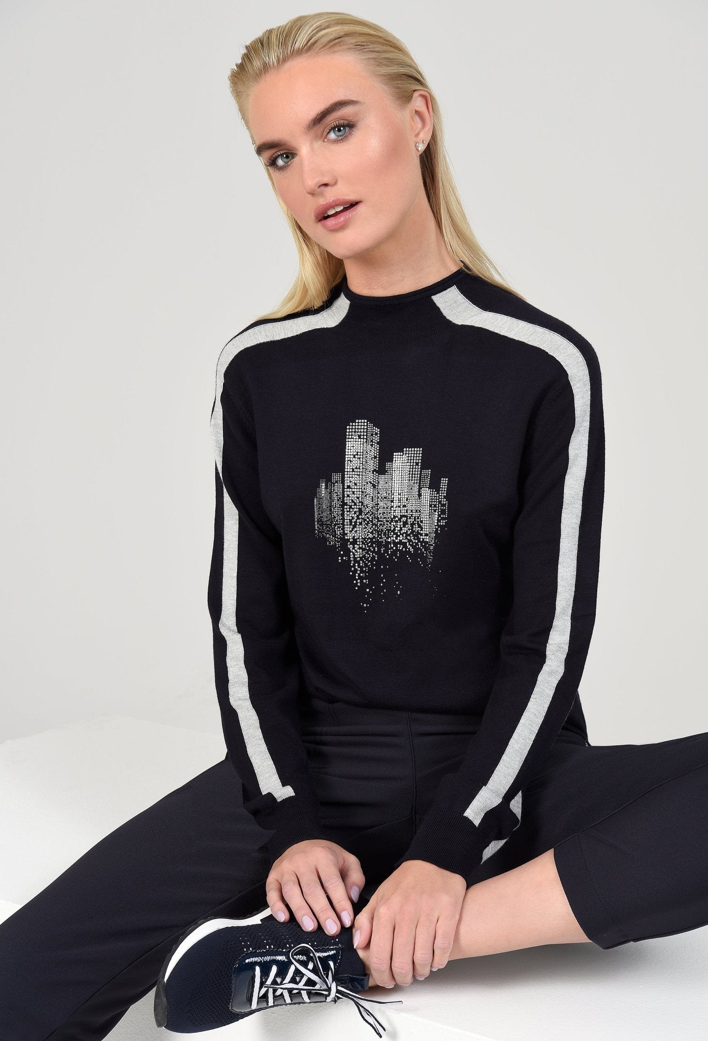 Icona 64108-60041-69 Navy Motif Crew Neck Long Sleeve Jumper - Dotique