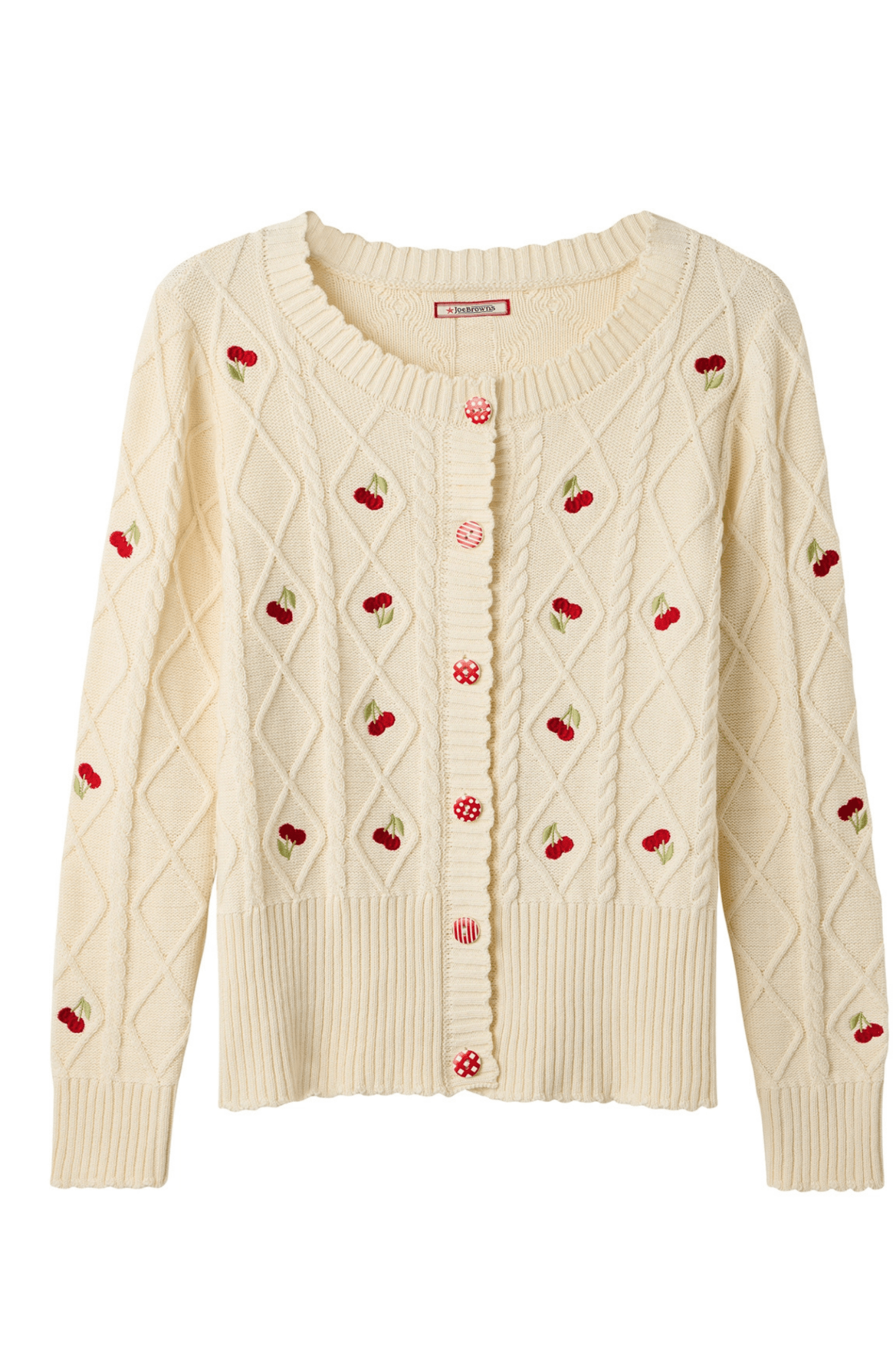 Joe Browns WK795A Cherry Embroidered Cream Cable Knit Cardigan - Dotique