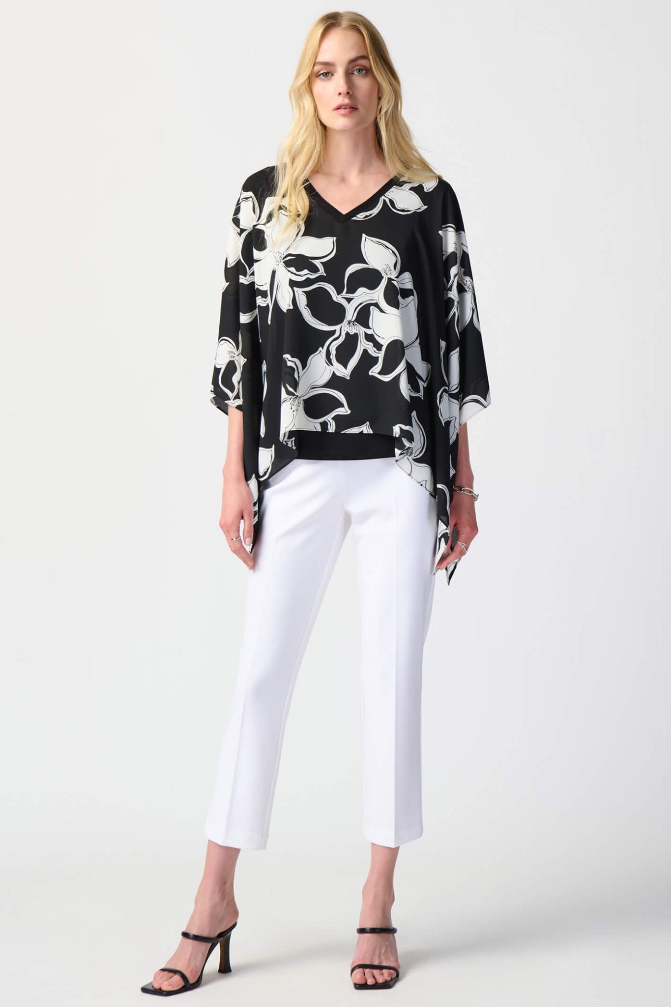 Joseph Ribkoff 241170 Black White Floral Print Georgette Poncho & Camisole - Dotique Chesterfield