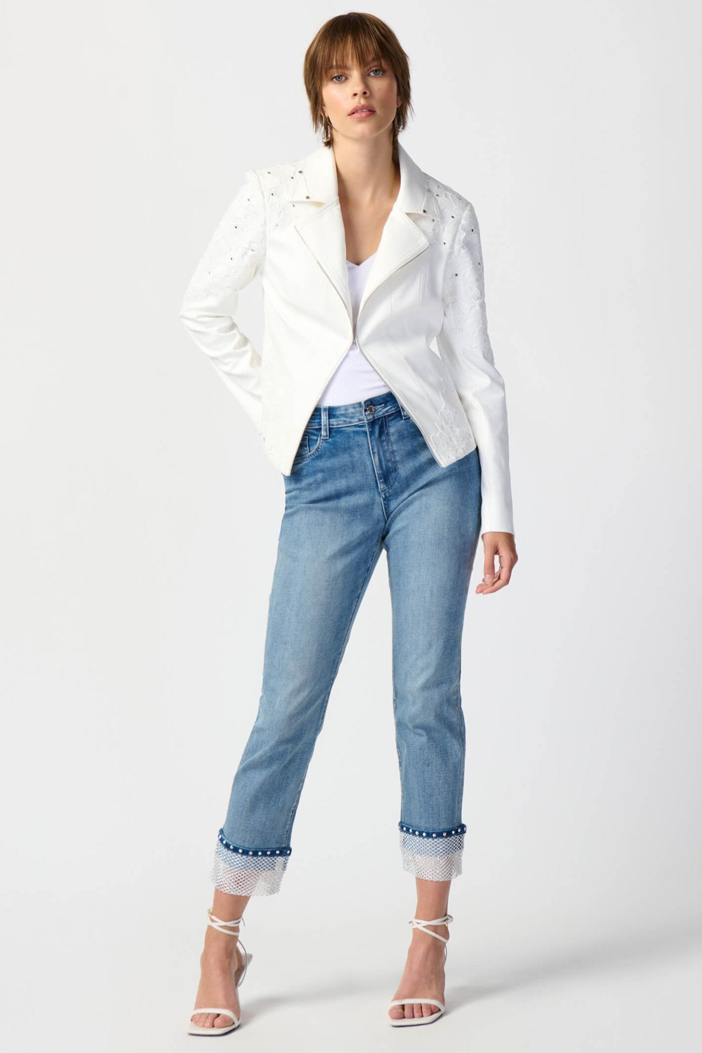 Joseph Ribkoff 241904 Studded Foiled Suede Jacket With Floral Appliqué - Dotique Chesterfield