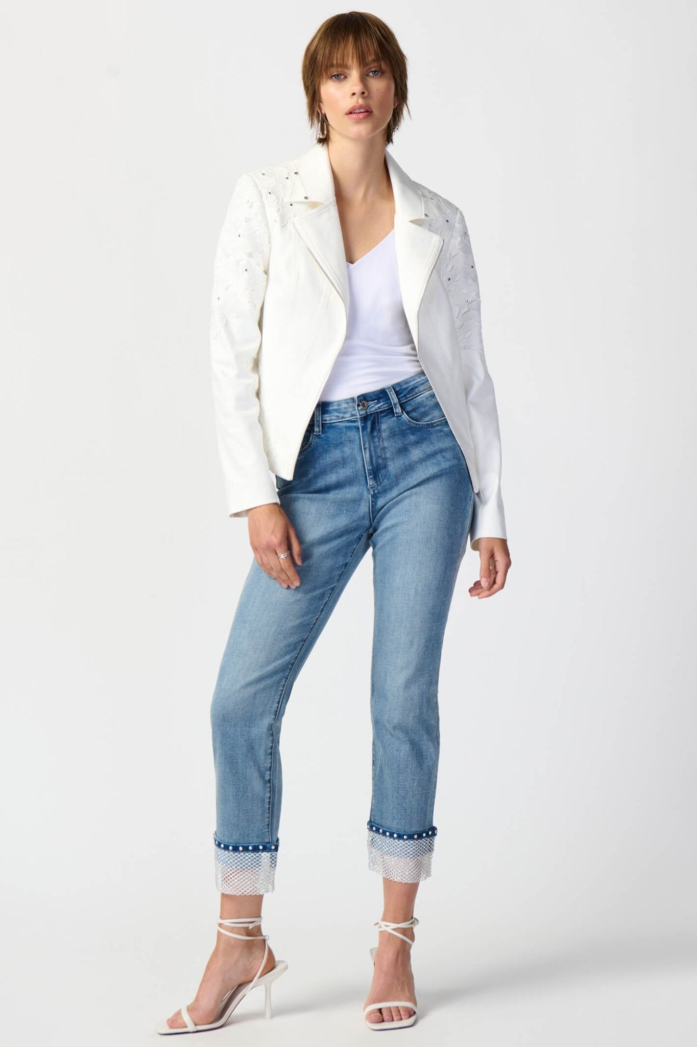 Joseph Ribkoff 241904 Studded Foiled Suede Jacket With Floral Appliqué - Dotique Chesterfield