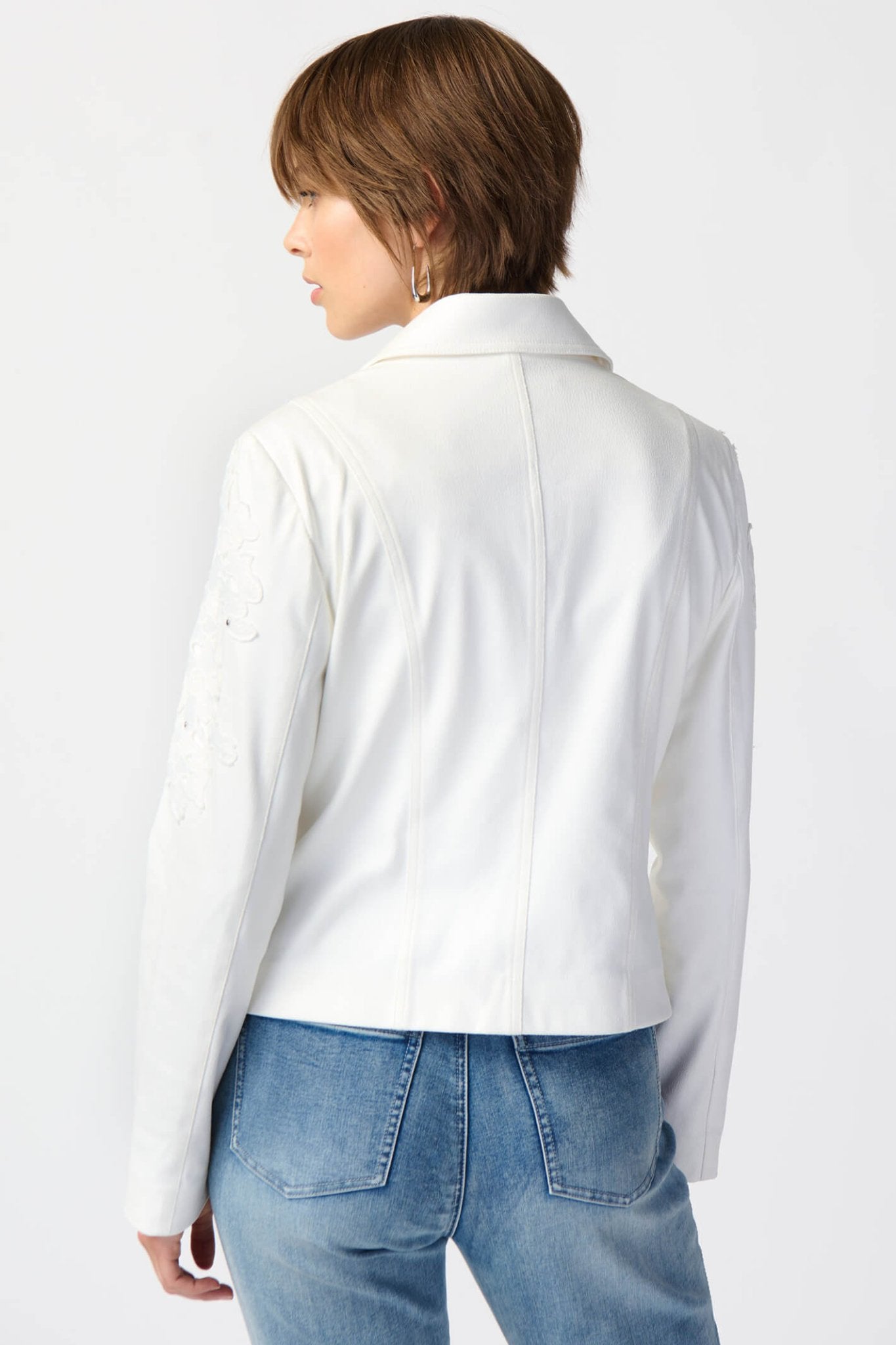 Joseph Ribkoff 241904 Studded Foiled Suede Jacket With Floral Appliqué - Dotique Chesterfield