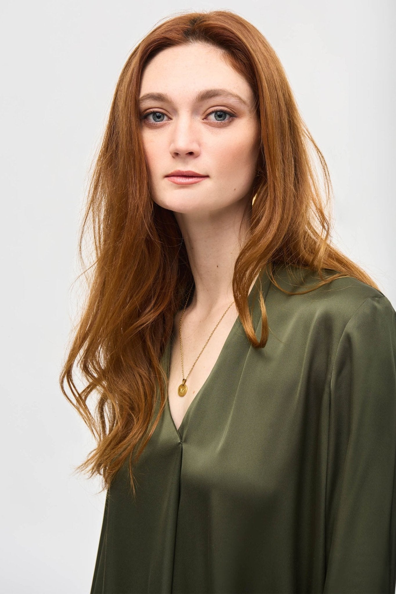 Joseph Ribkoff 243057 Iguana Green Satin Straight Top - Dotique