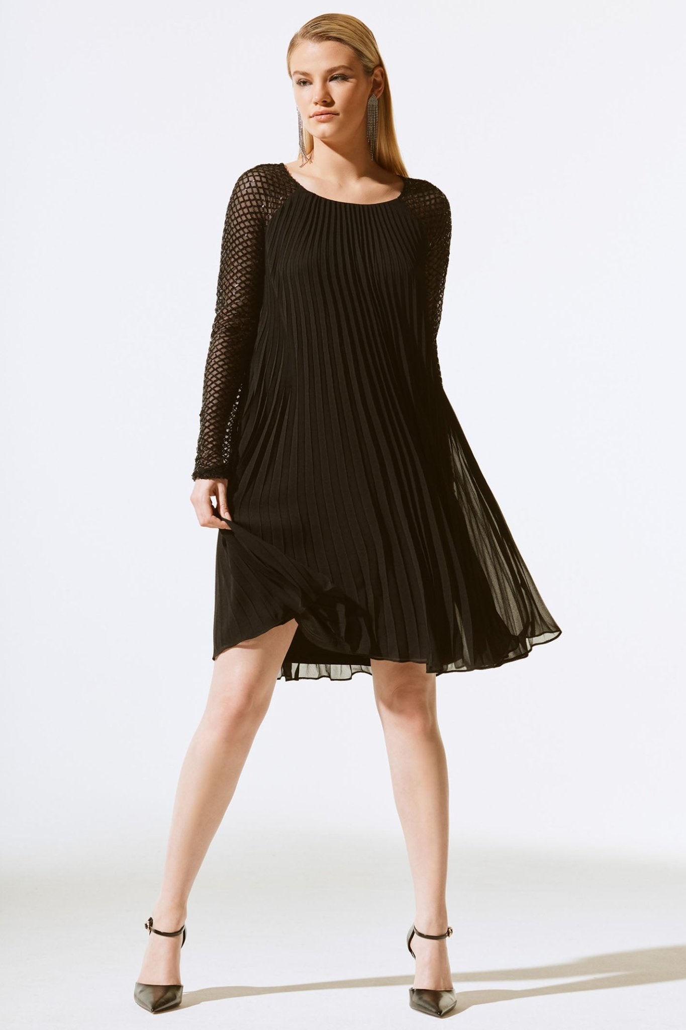 Joseph Ribkoff 243778 Black (11) Pleated Chiffon Dress With Sequins - Dotique - Joseph Ribkoff