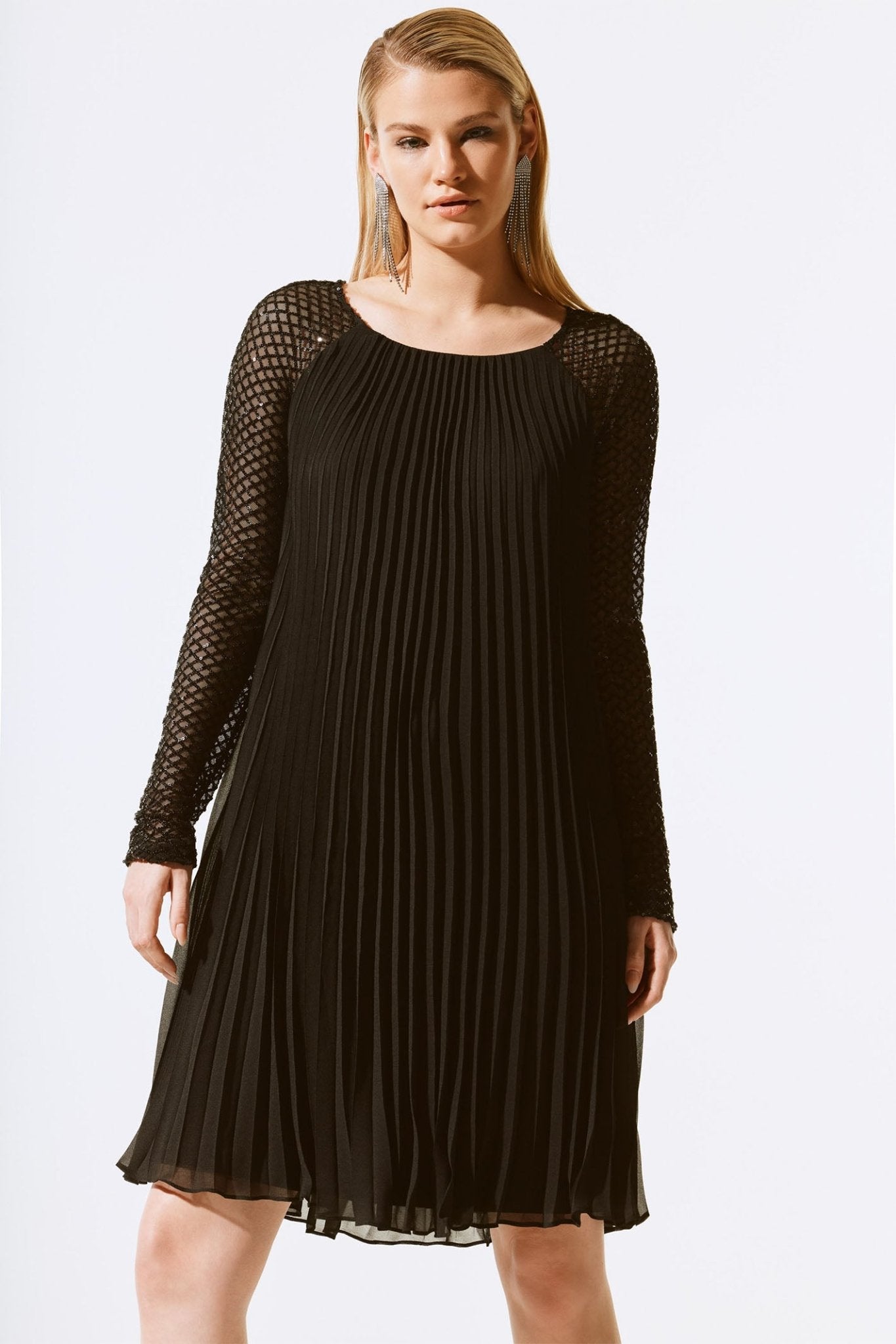 Joseph Ribkoff 243778 Black (11) Pleated Chiffon Dress With Sequins - Dotique - Joseph Ribkoff