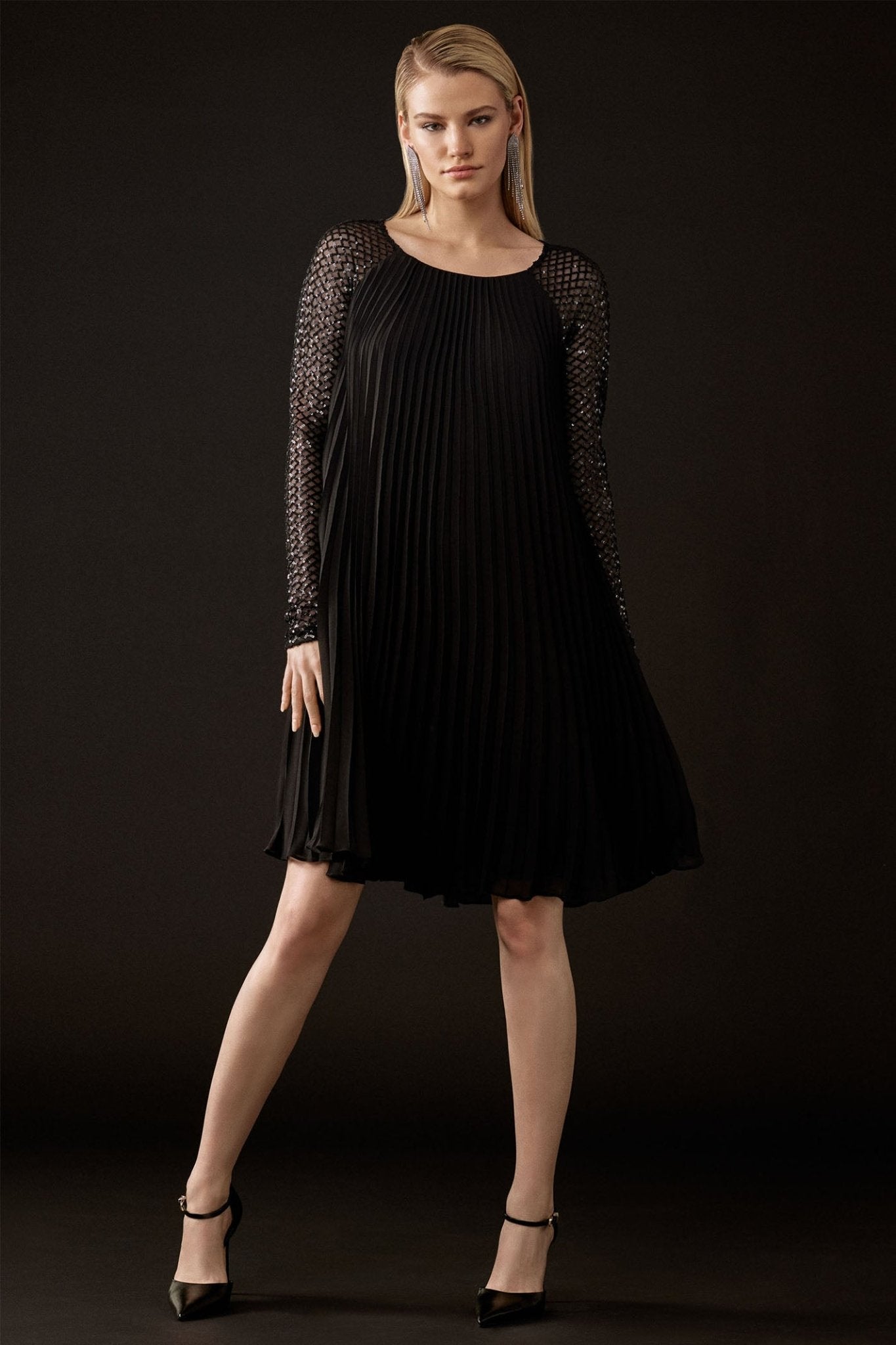 Joseph Ribkoff 243778 Black (11) Pleated Chiffon Dress With Sequins - Dotique - Joseph Ribkoff