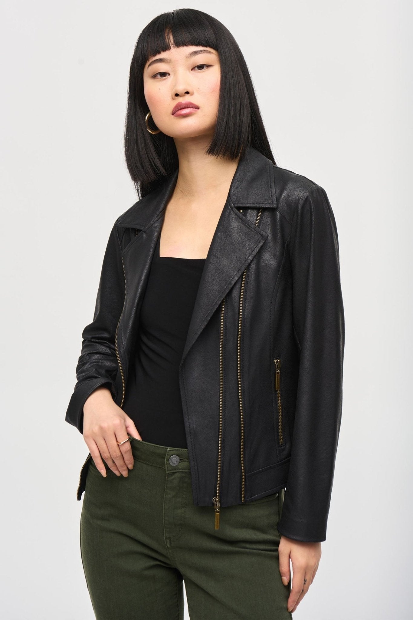 Joseph Ribkoff 243905 Black Foiled Knit Moto Jacket - Dotique - Joseph Ribkoff