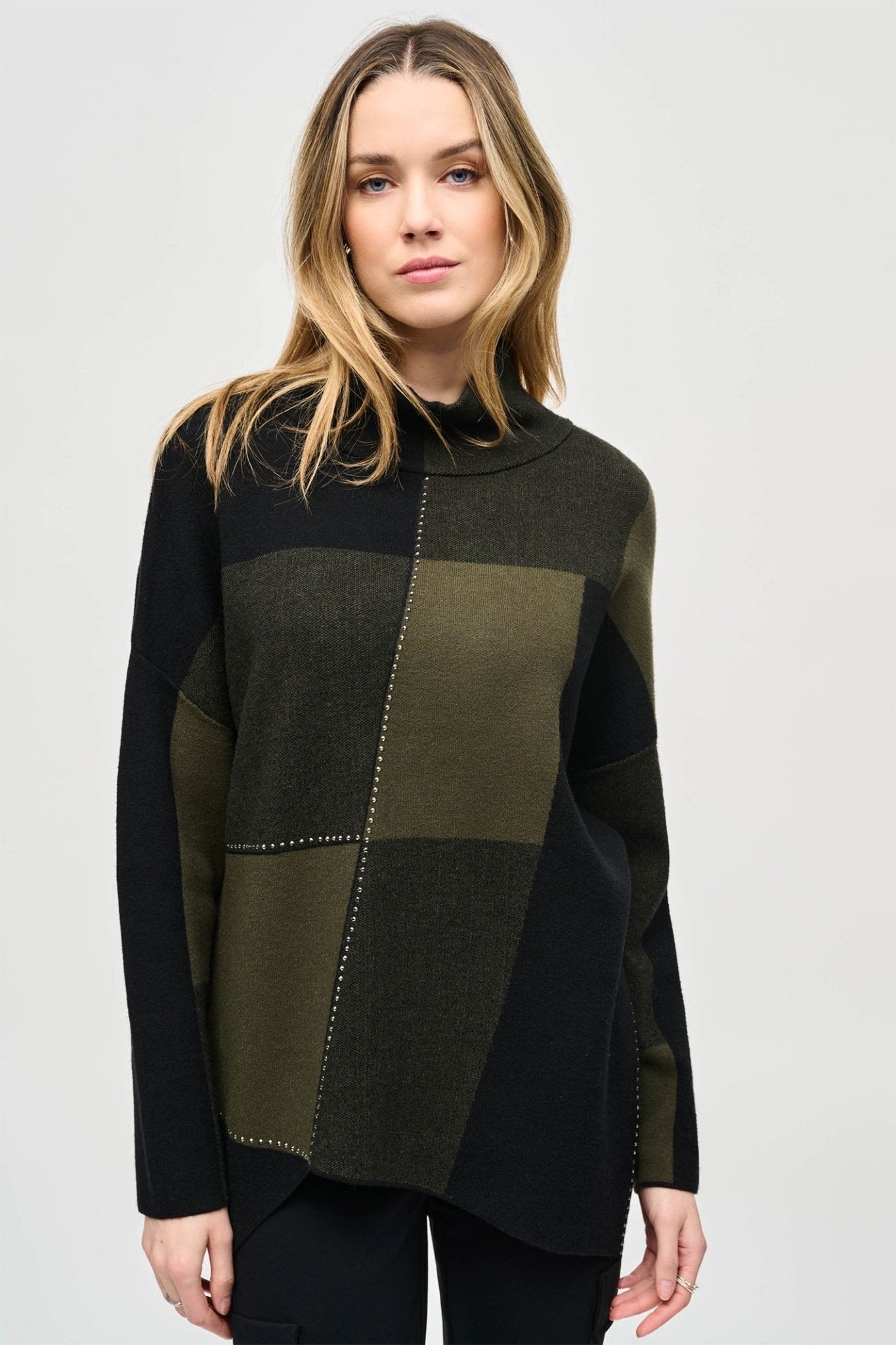 Joseph Ribkoff 243944 Iguana Green Black (4303) Colour - Block Jacquard Knit Pullover - Dotique - Joseph Ribkoff