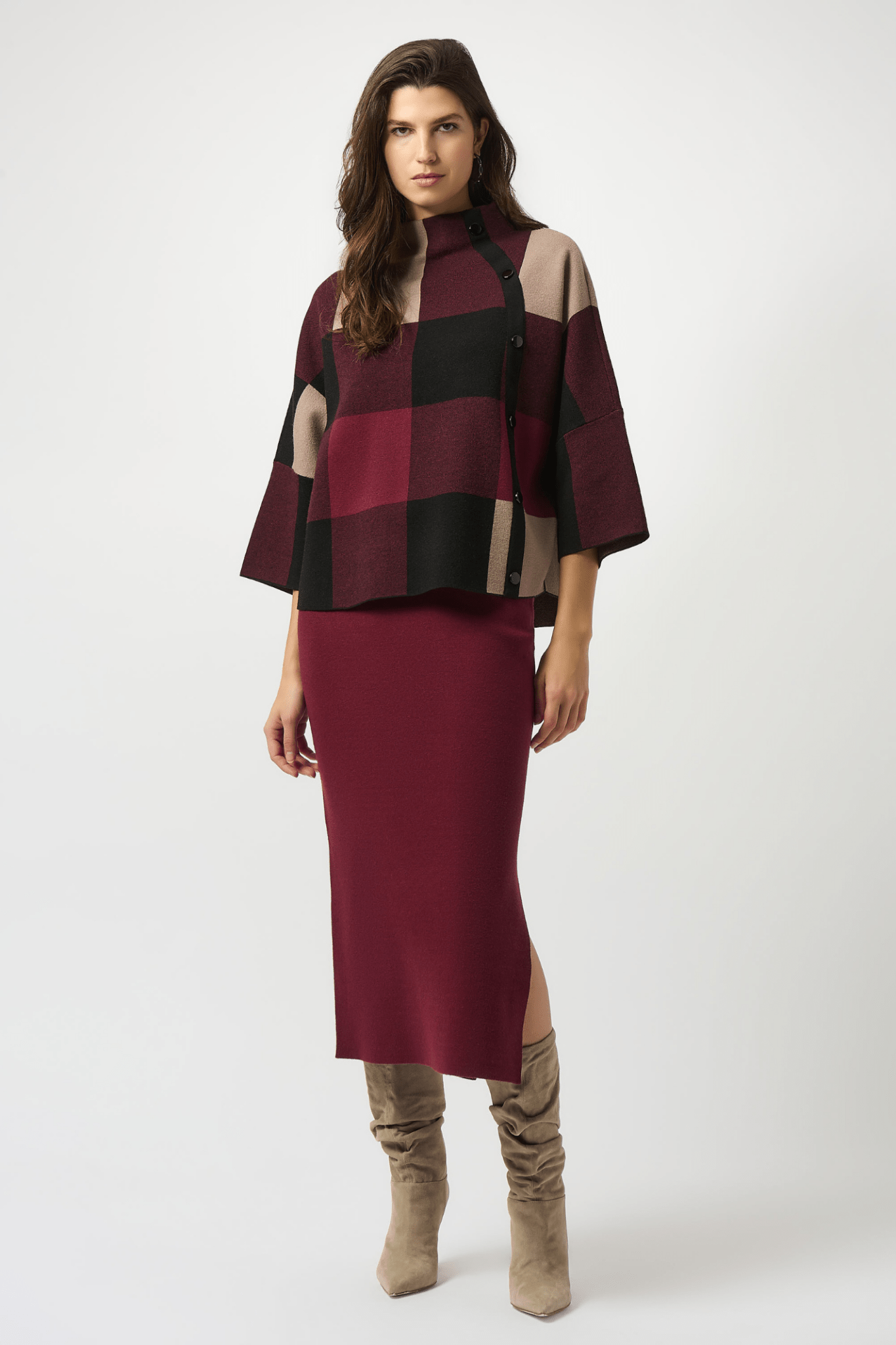 Joseph Ribkoff merlot plaid jacquard knit top with funnel neck – Dotique