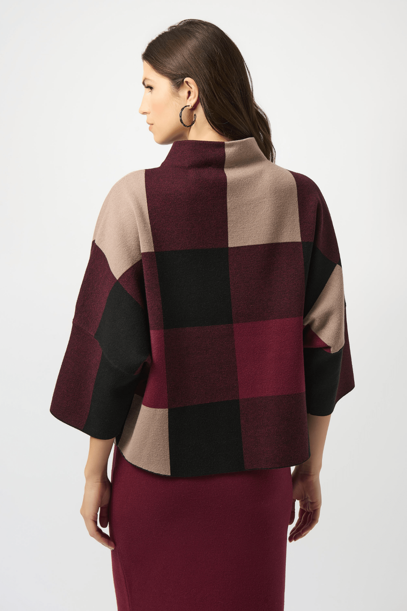 Joseph Ribkoff merlot plaid jacquard knit top with funnel neck – Dotique