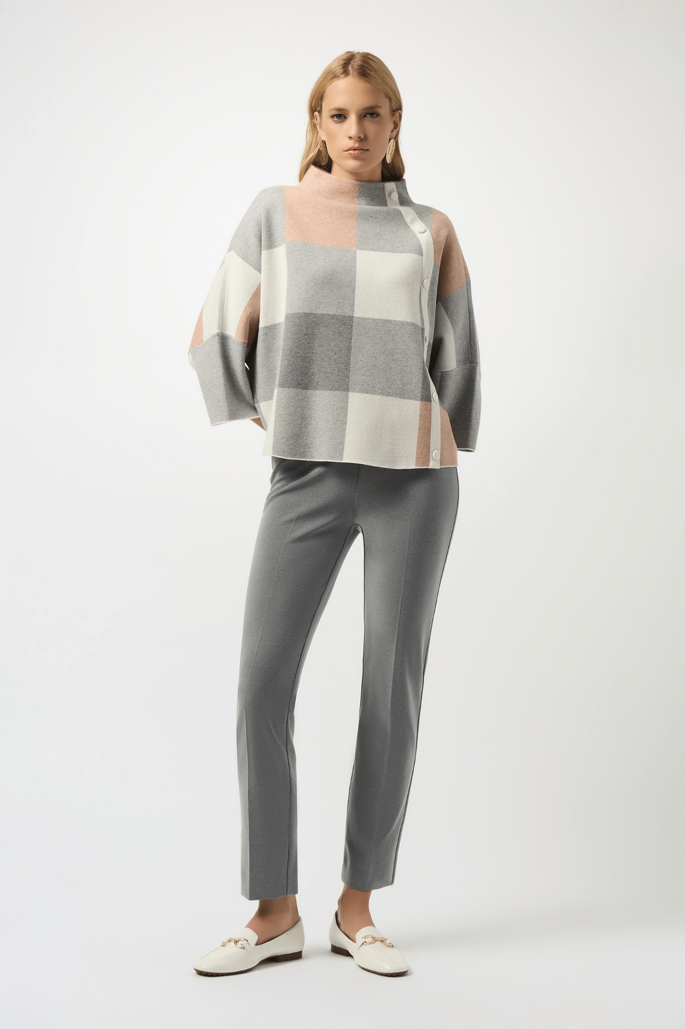 Joseph Ribkoff rose plaid jacquard knit top with funnel neck – Dotique