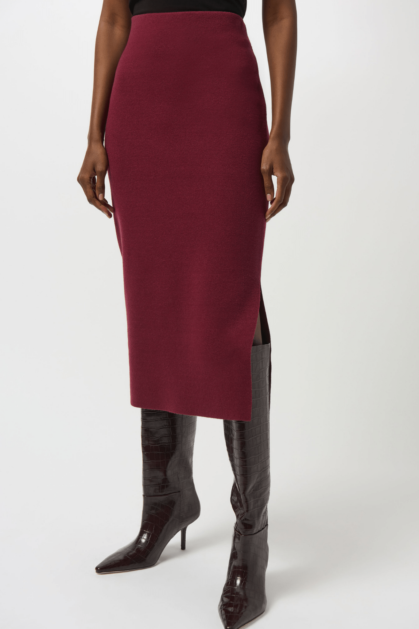 Joseph Ribkoff merlot knit midi skirt with elastic waist and slit – Dotique