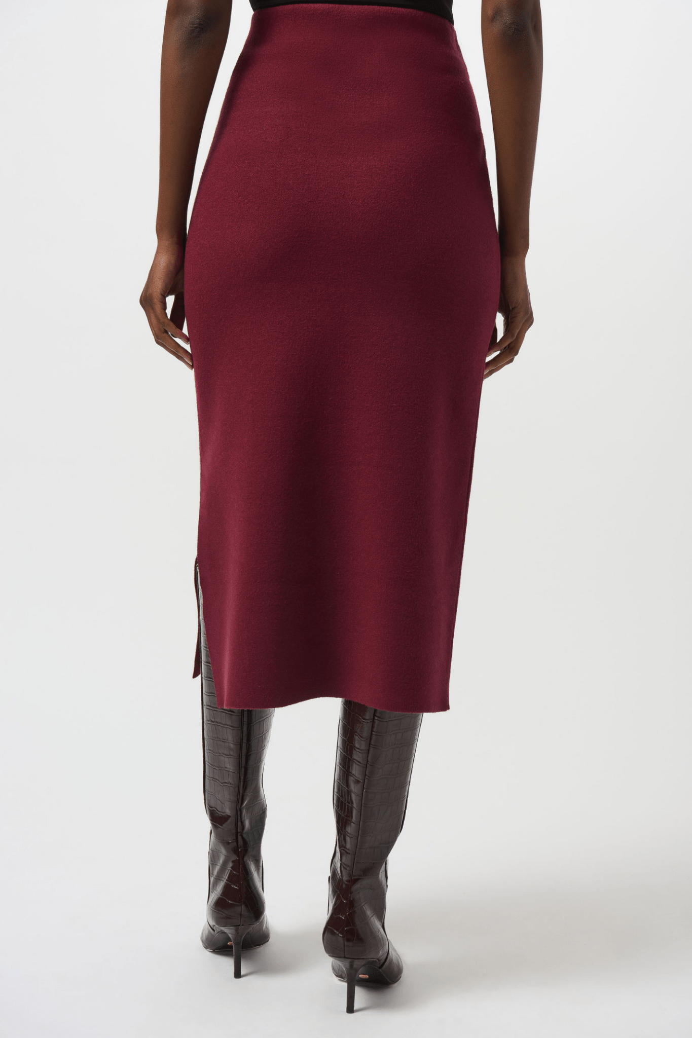 Joseph Ribkoff merlot knit midi skirt with elastic waist and slit – Dotique
