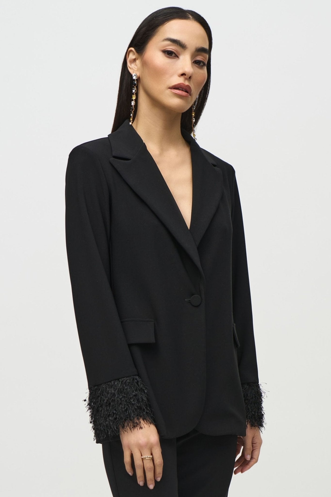 Joseph Ribkoff 244194 Black Silky Knit and Novelty Straight Blazer - Dotique - Joseph Ribkoff
