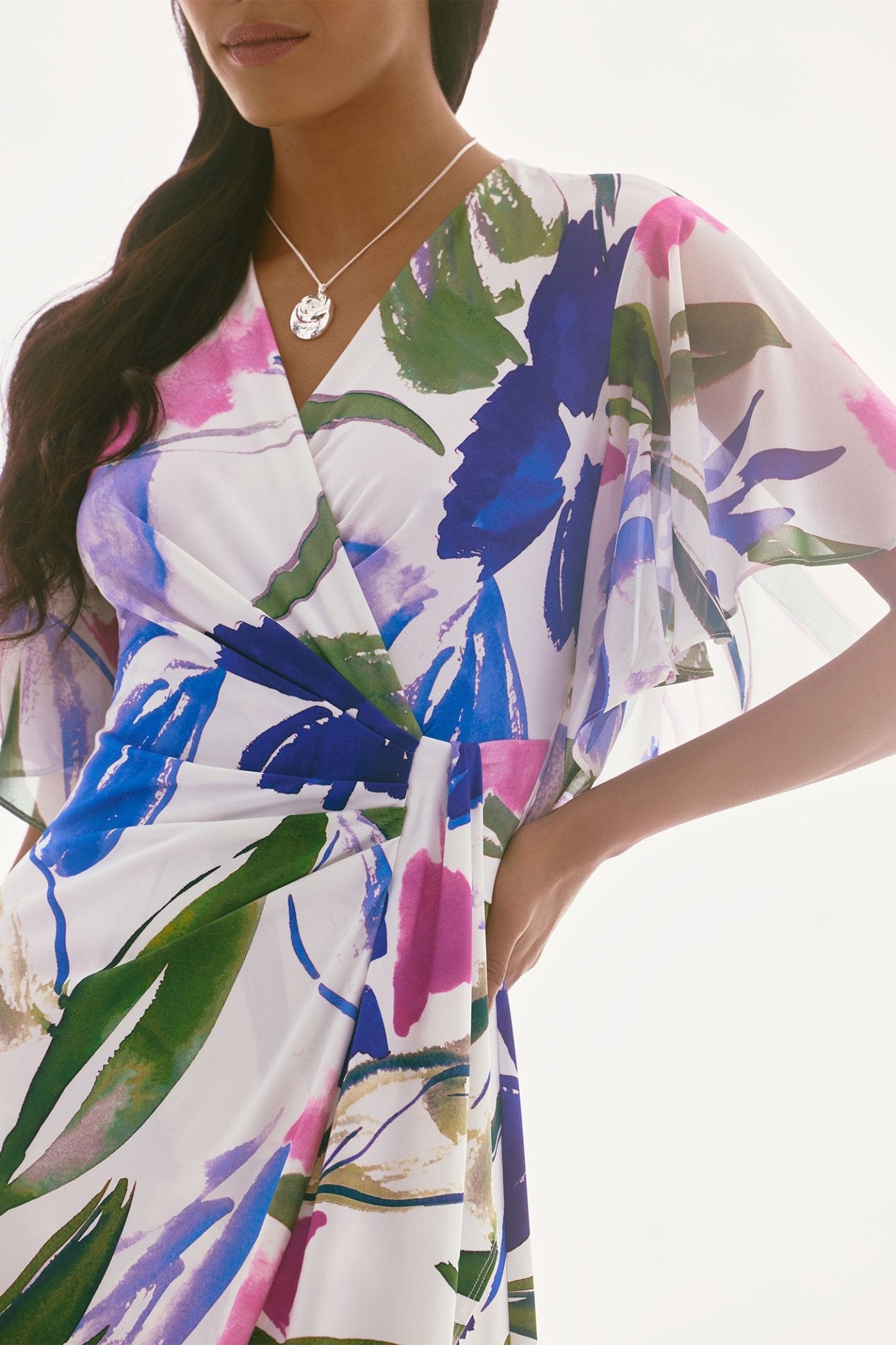 Joseph Ribkoff 251707 Off White Silky Knit and Chiffon Floral Wrap Dress - Dotique