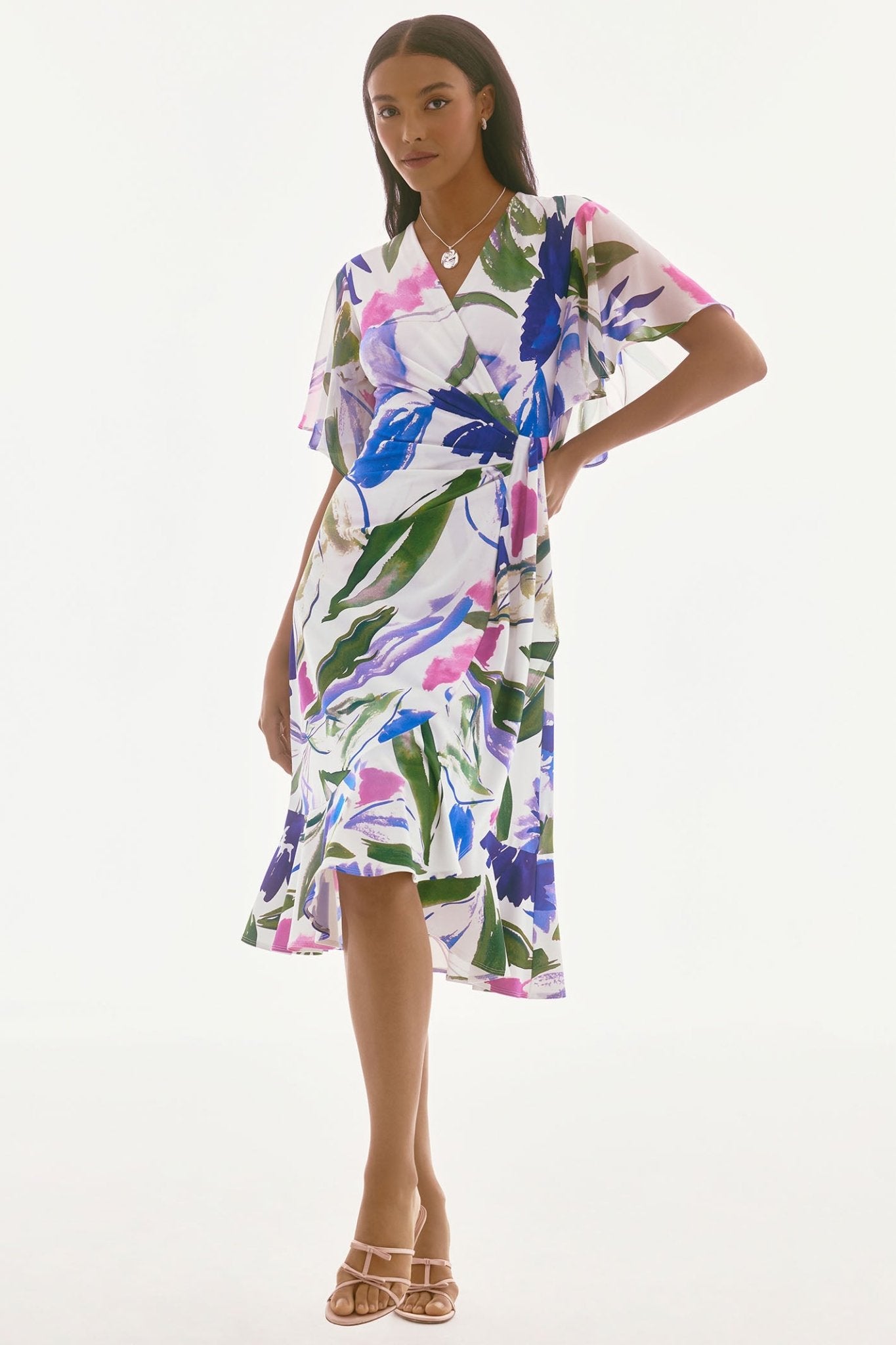 Joseph Ribkoff 251707 Off White Silky Knit and Chiffon Floral Wrap Dress - Dotique