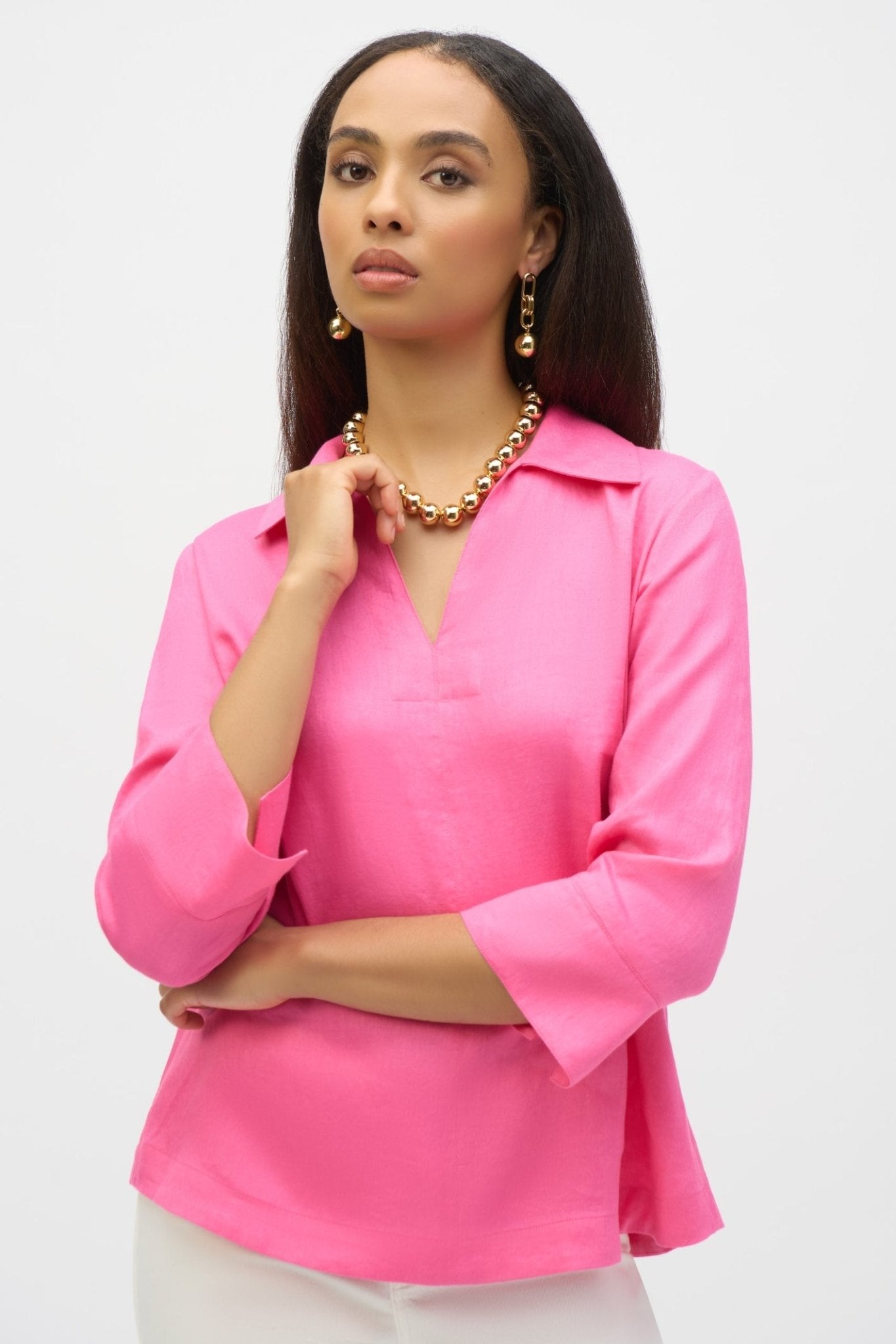 joseph-ribkoff-252933-bubblegum-pink-linen-boxy-top-with-shirt-collar-dotique-1