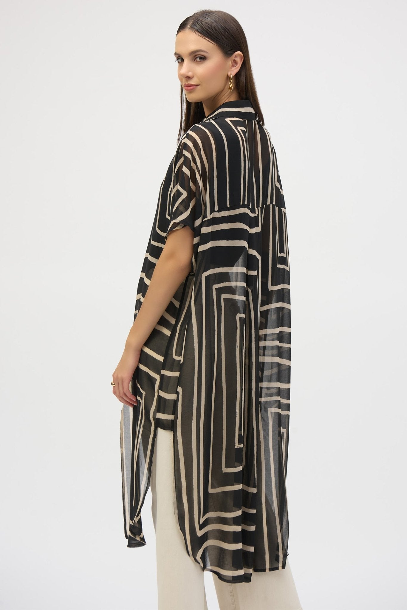 Joseph Ribkoff 252934 Black Beige Chiffon Geometric Print Long Blouse - Dotique