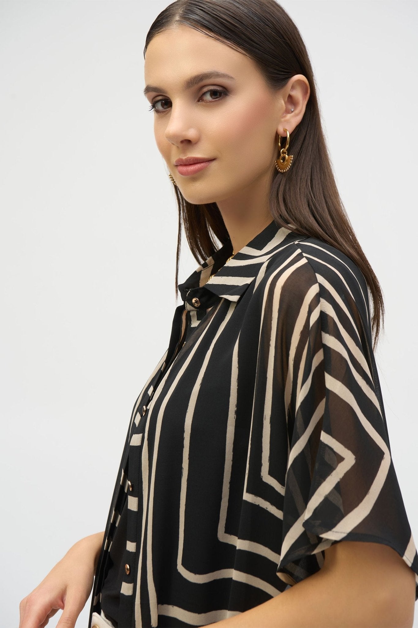 Joseph Ribkoff 252934 Black Beige Chiffon Geometric Print Long Blouse - Dotique