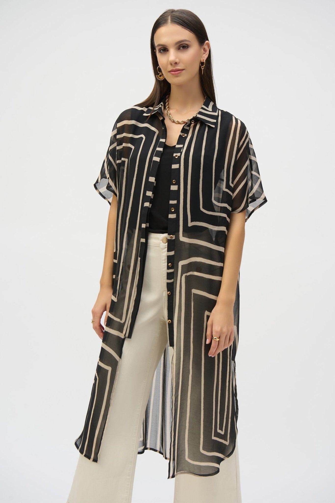 Joseph Ribkoff 252934 Black Beige Chiffon Geometric Print Long Blouse - Dotique