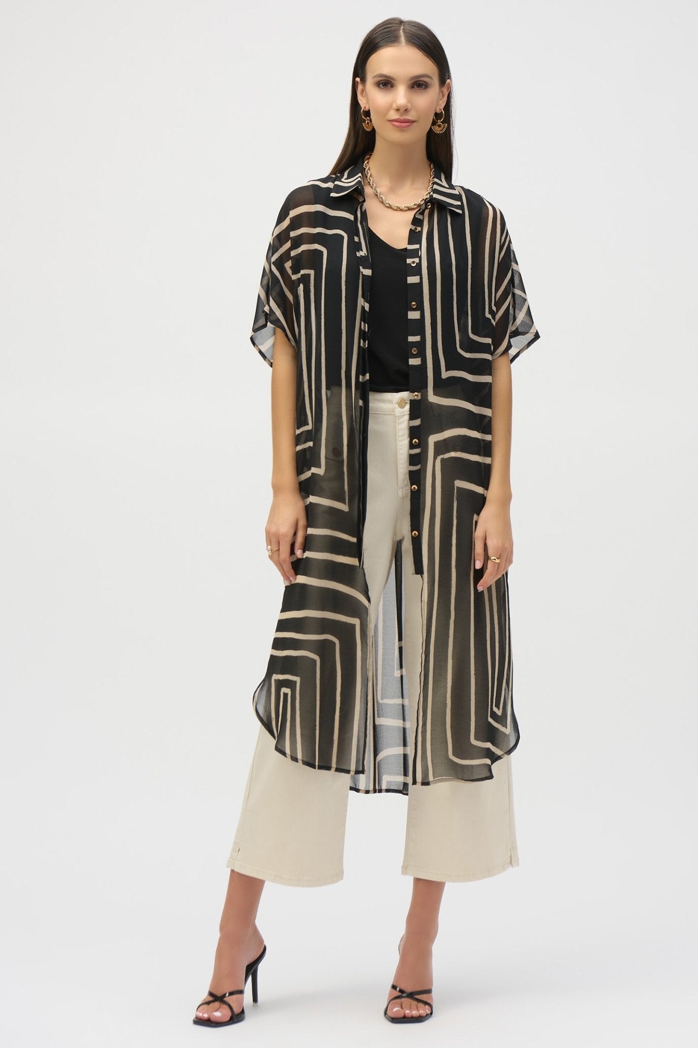 Joseph Ribkoff 252934 Black Beige Chiffon Geometric Print Long Blouse - Dotique