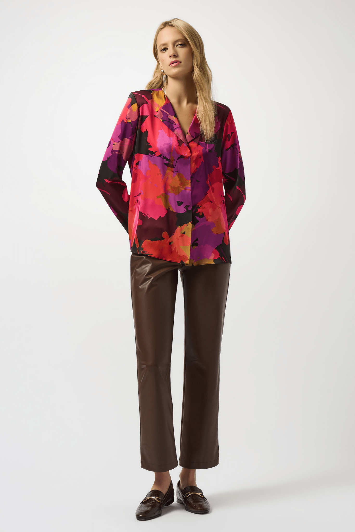 Joseph Ribkoff floral print satin top with lapel collar – Dotique