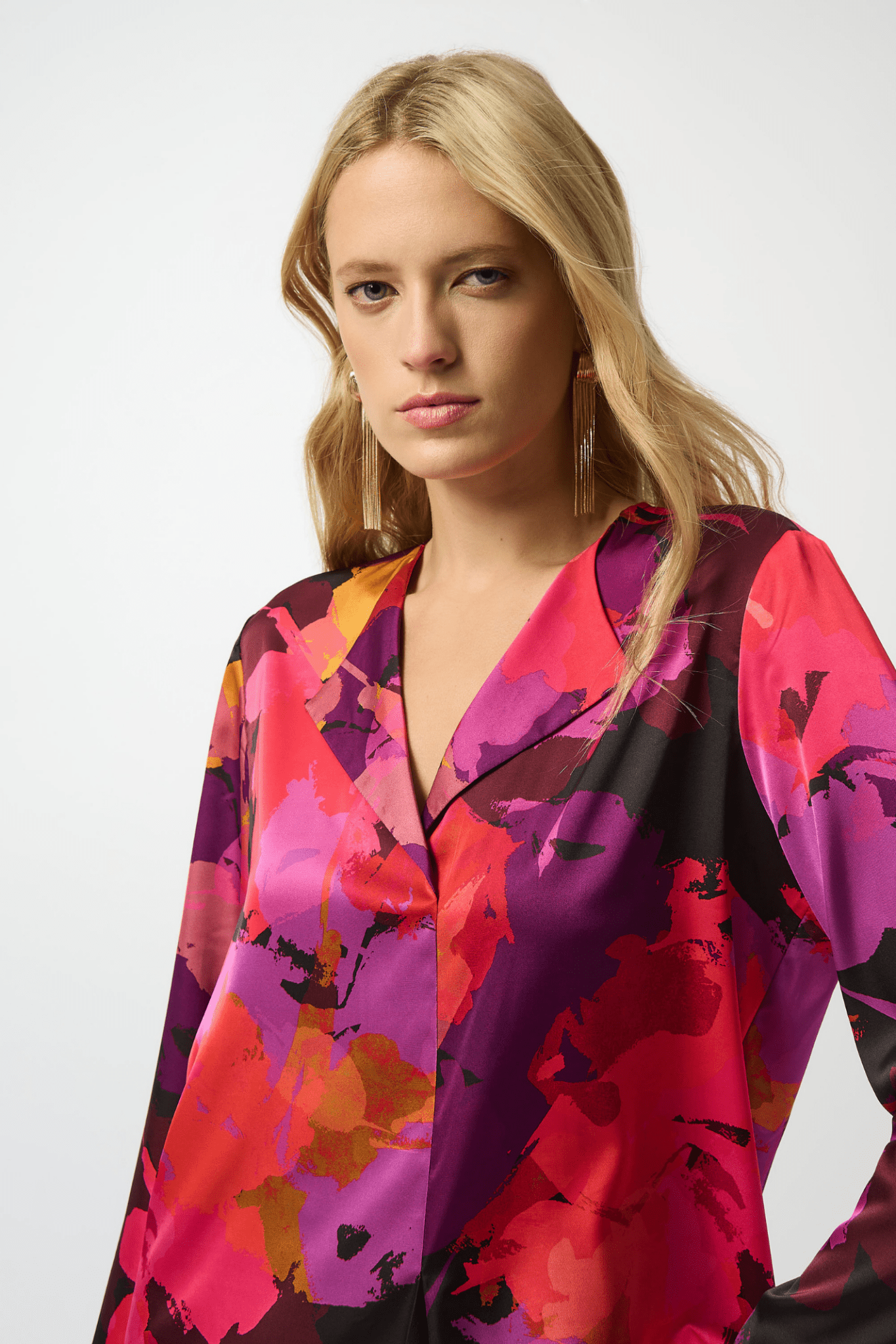 Joseph Ribkoff floral print satin top with lapel collar – Dotique