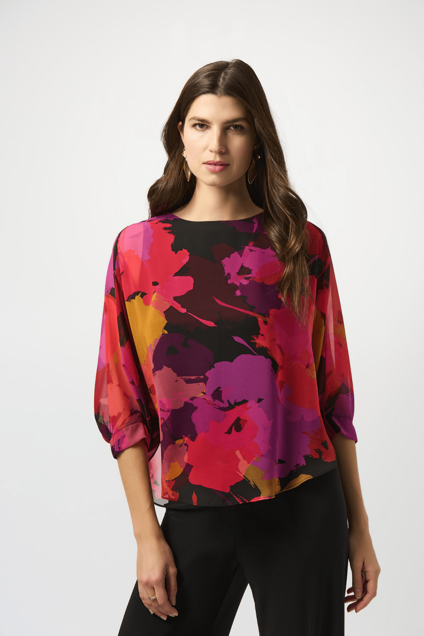 Joseph Ribkoff recycled chiffon floral print top with dolman sleeves – Dotique