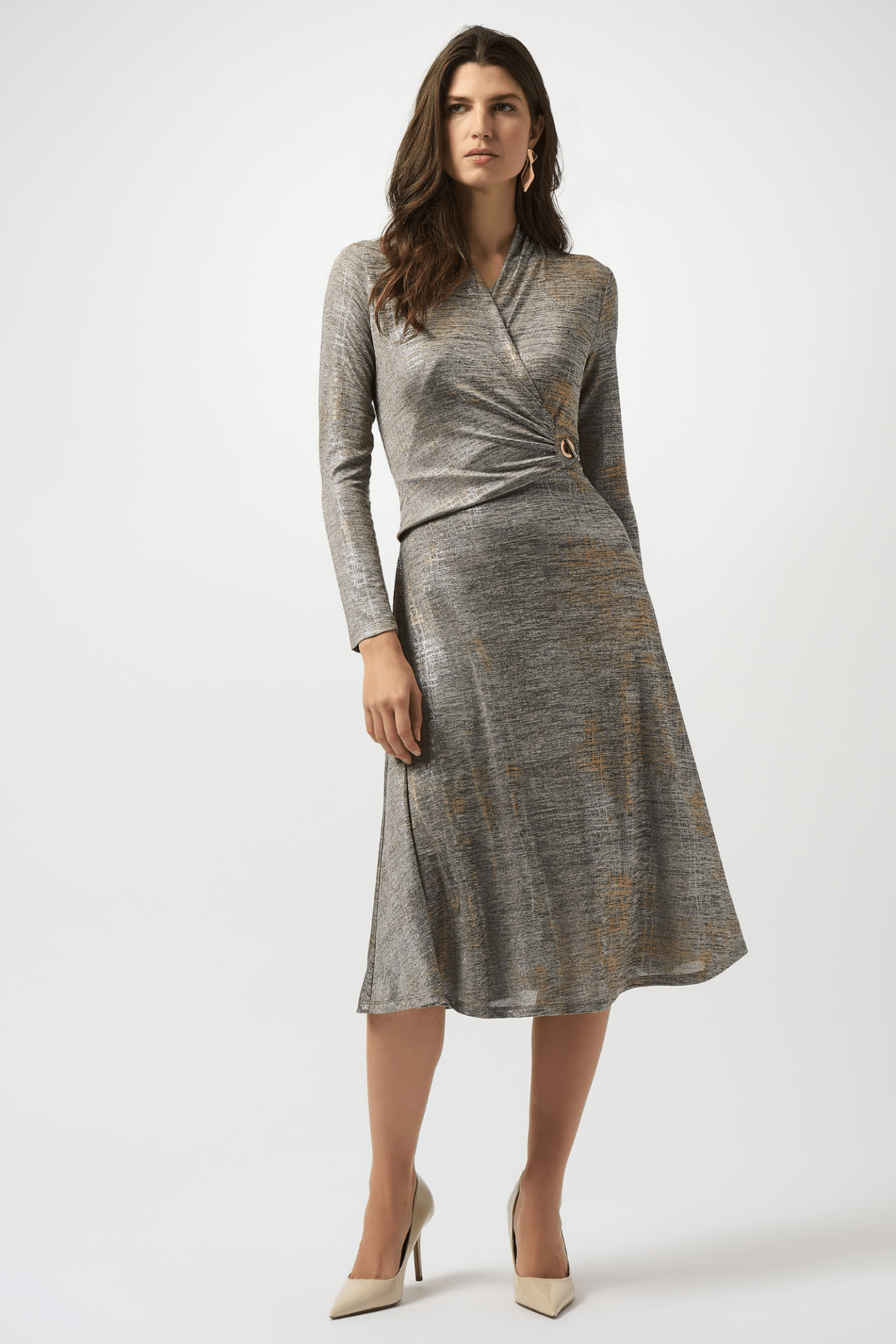Joseph Ribkoff foiled melange knit fit and flare dress with three-quarter sleeves and V-neckline