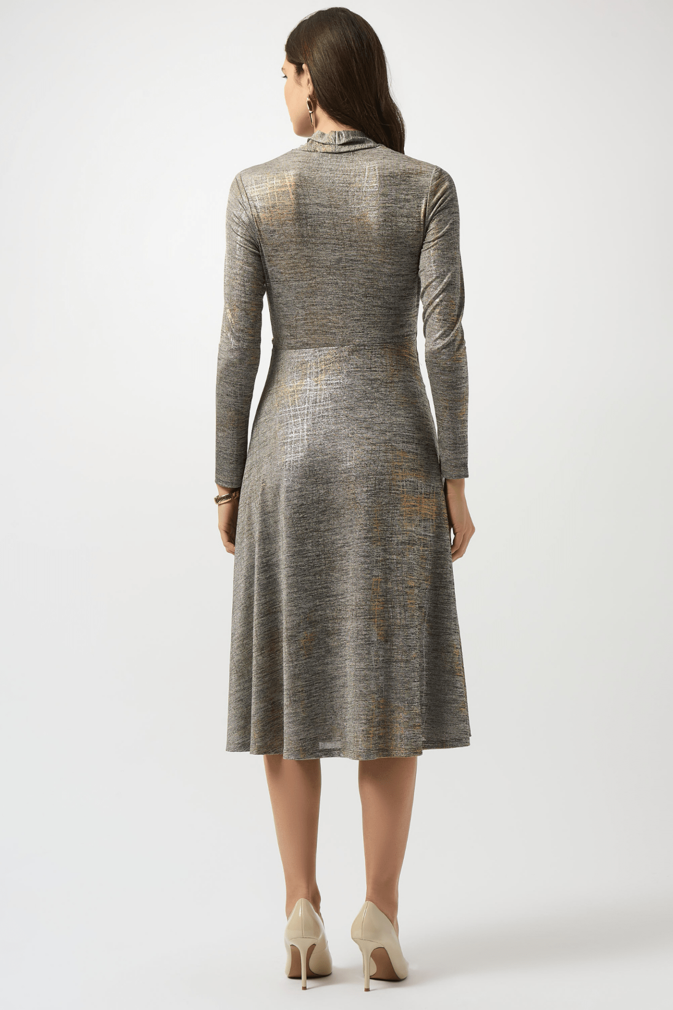 Joseph Ribkoff foiled melange knit fit and flare dress with three-quarter sleeves and V-neckline