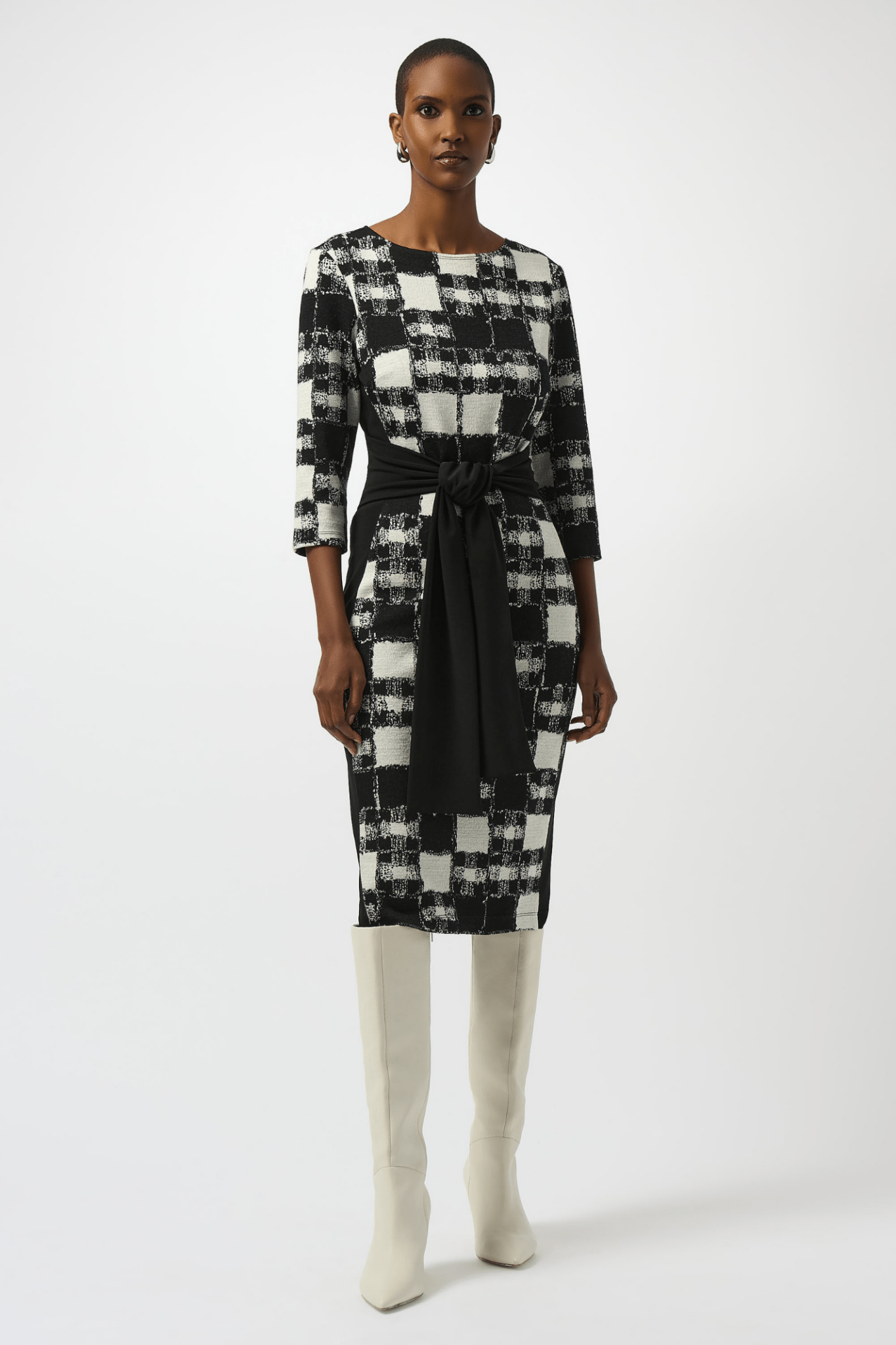 Joseph Ribkoff plaid sweater knit sheath dress with waist sash – Dotique
