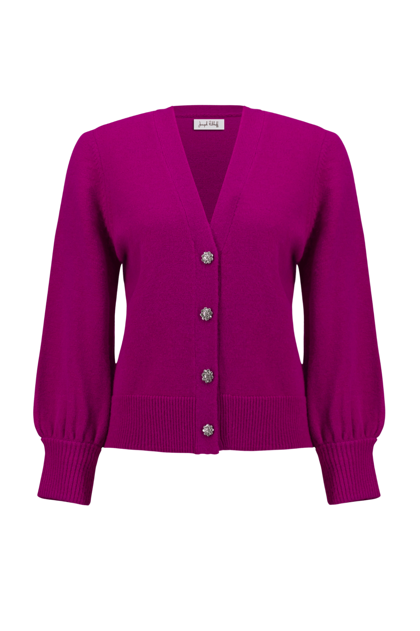 Joseph Ribkoff cosmos purple sweater knit cardigan with puff sleeves and rhinestone buttons