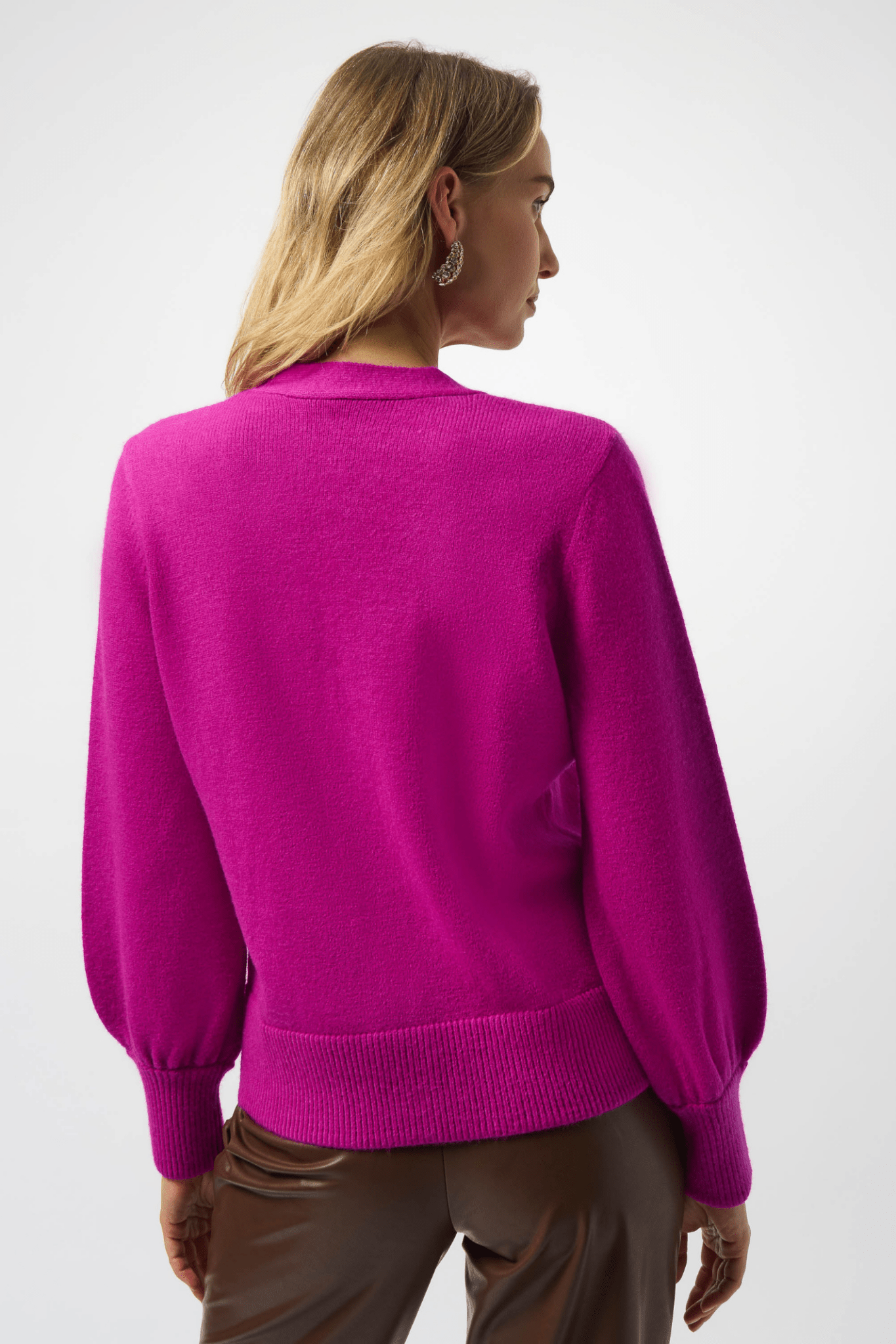 Joseph Ribkoff cosmos purple sweater knit cardigan with puff sleeves and rhinestone buttons