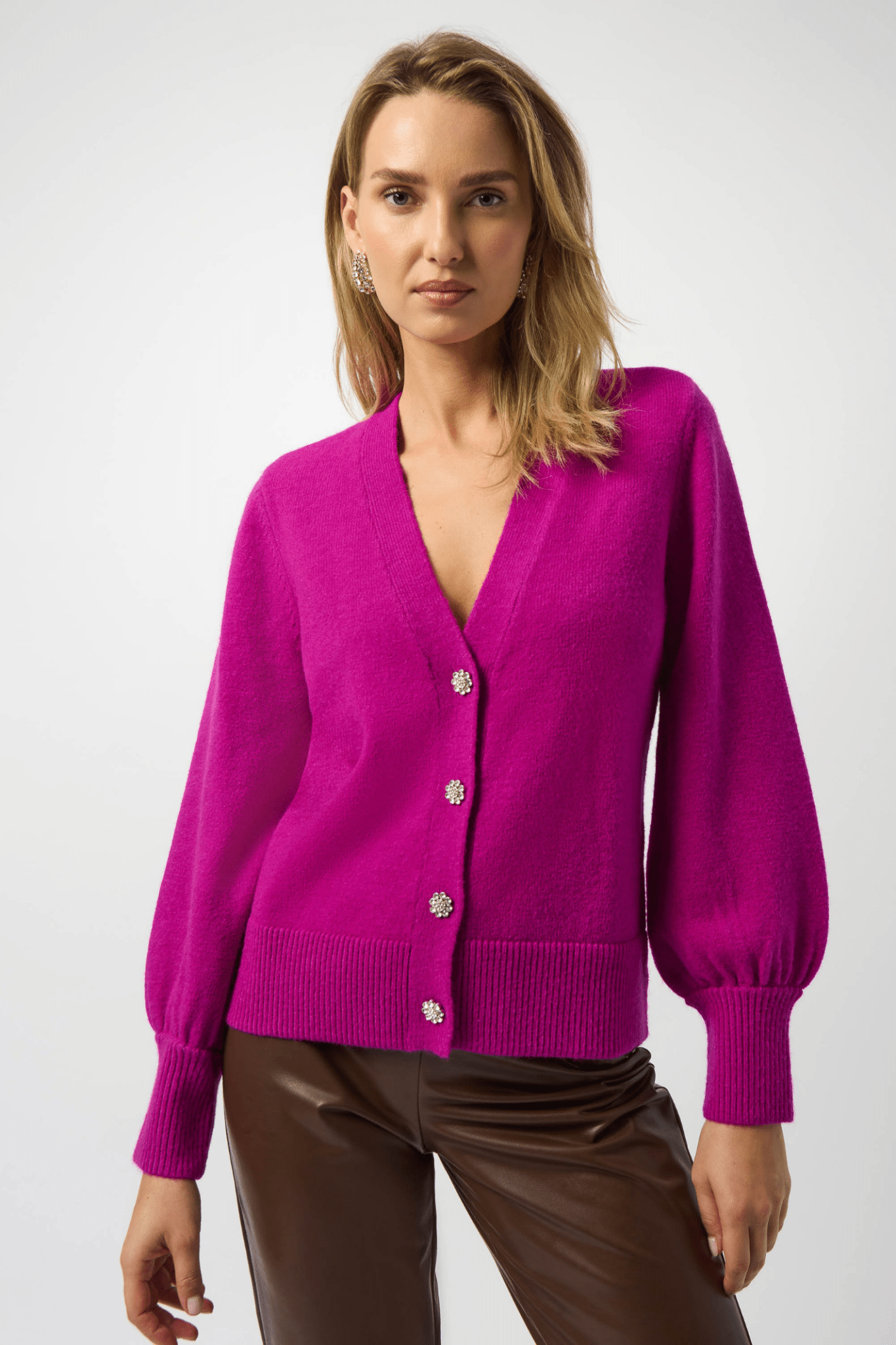 Joseph Ribkoff cosmos purple sweater knit cardigan with puff sleeves and rhinestone buttons