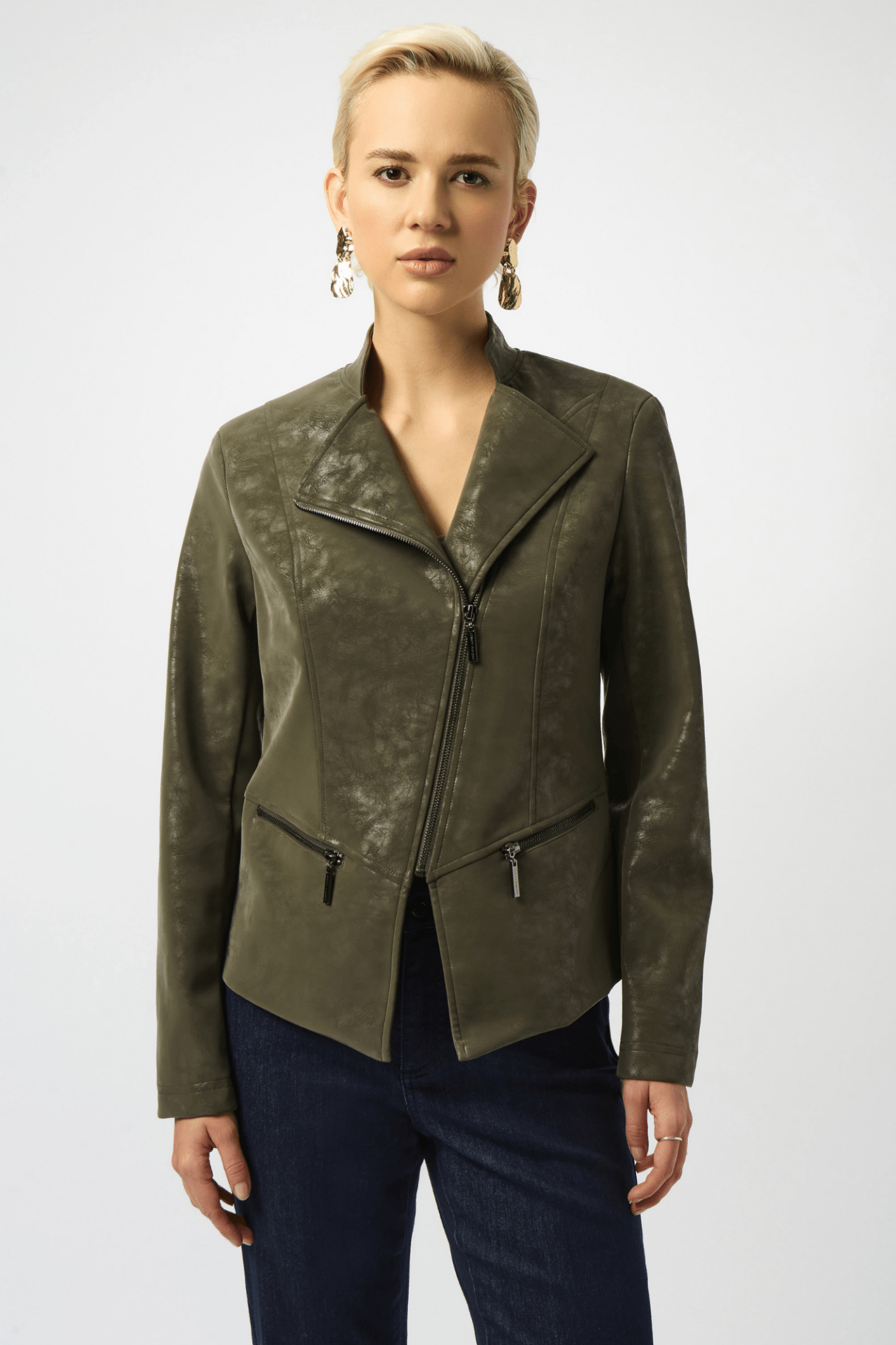 Joseph Ribkoff avocado faux suede moto jacket with gunmetal zip – Dotique