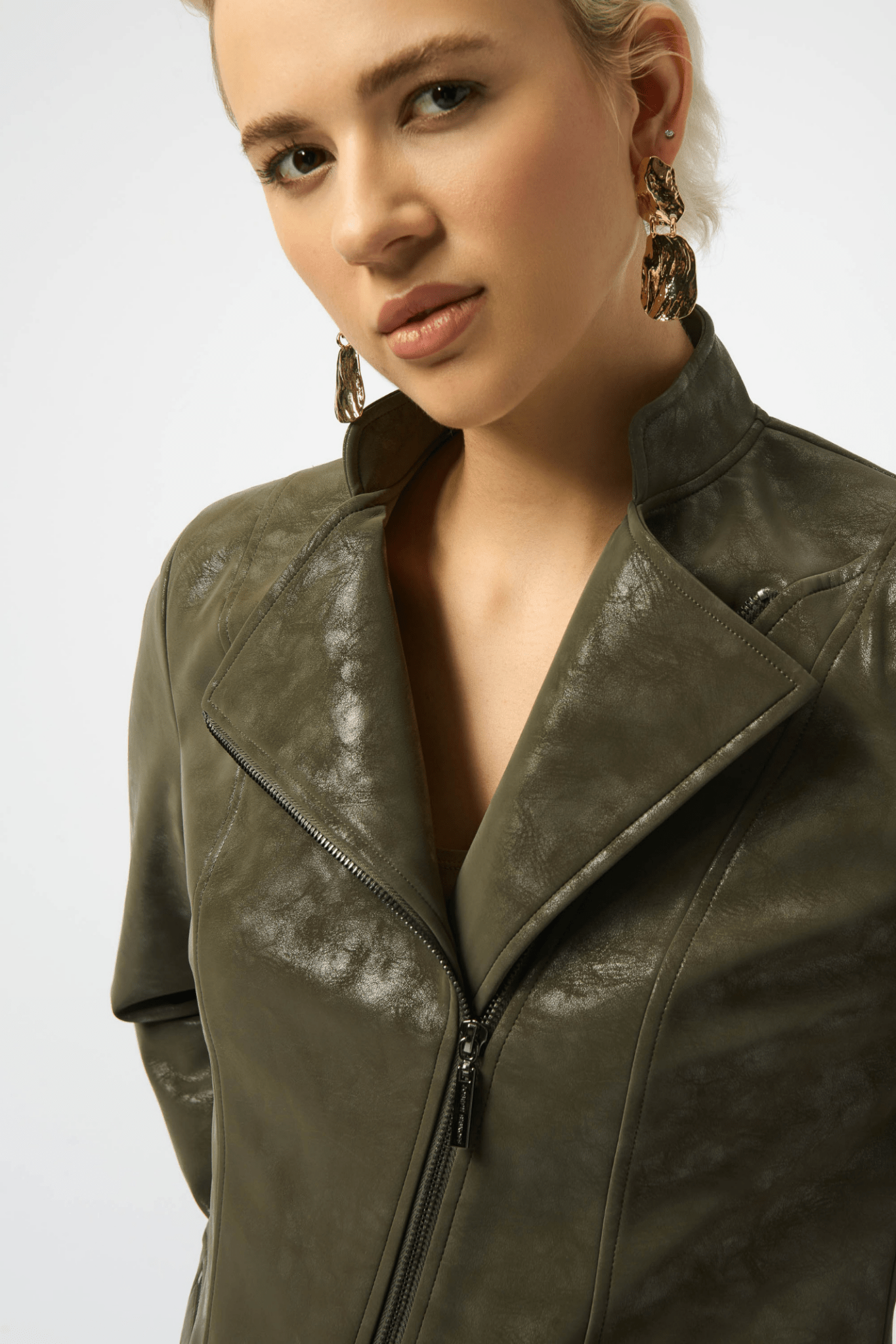 Joseph Ribkoff avocado faux suede moto jacket with gunmetal zip – Dotique