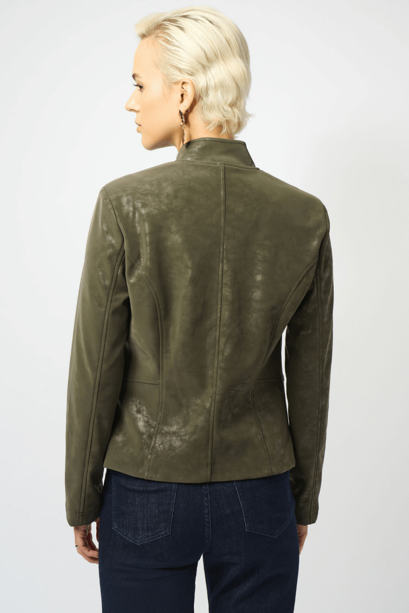Joseph Ribkoff avocado faux suede moto jacket with gunmetal zip – Dotique