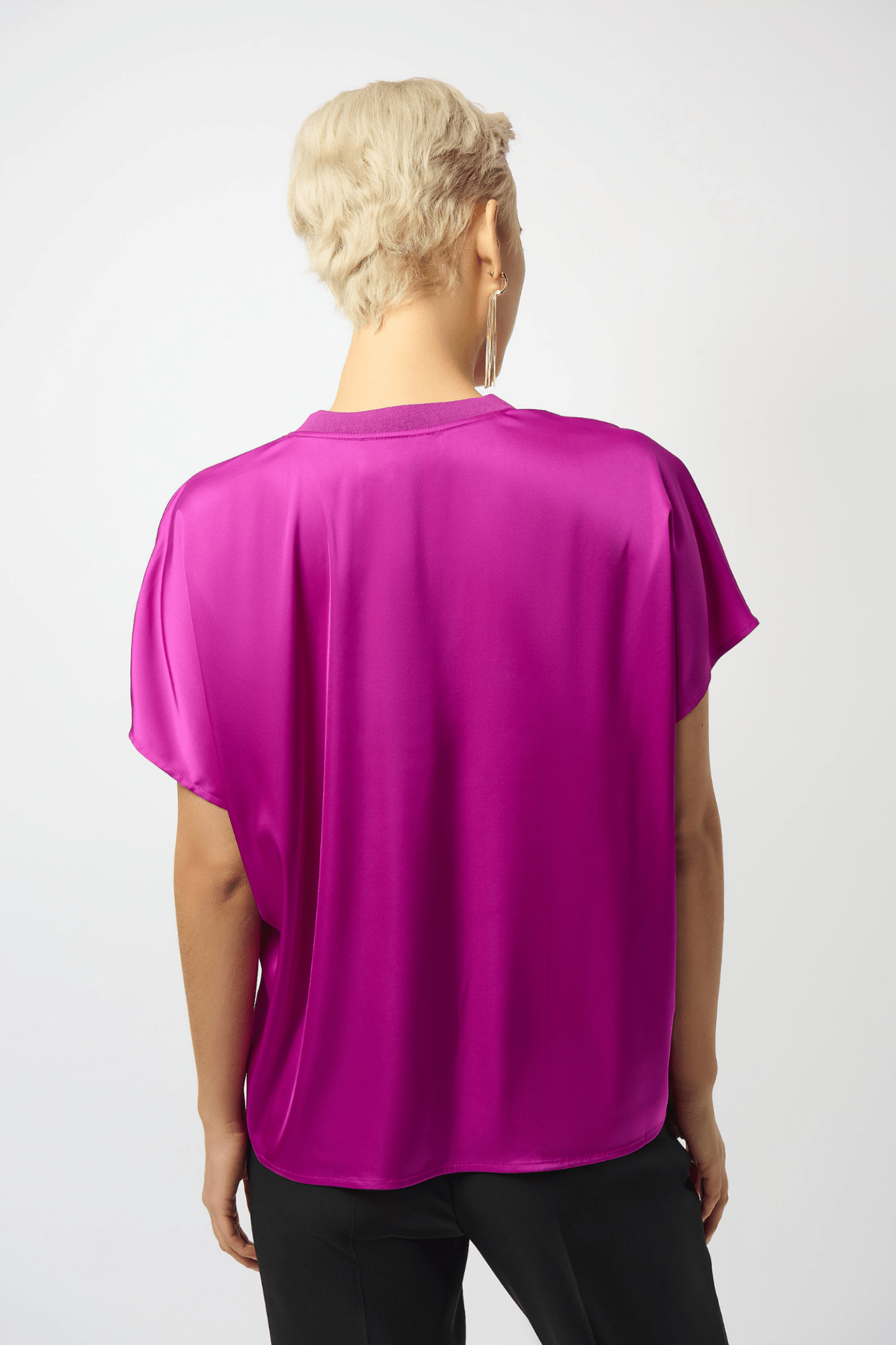 Joseph Ribkoff satin V-neck top in cosmos purple with relaxed fit and elegant drape