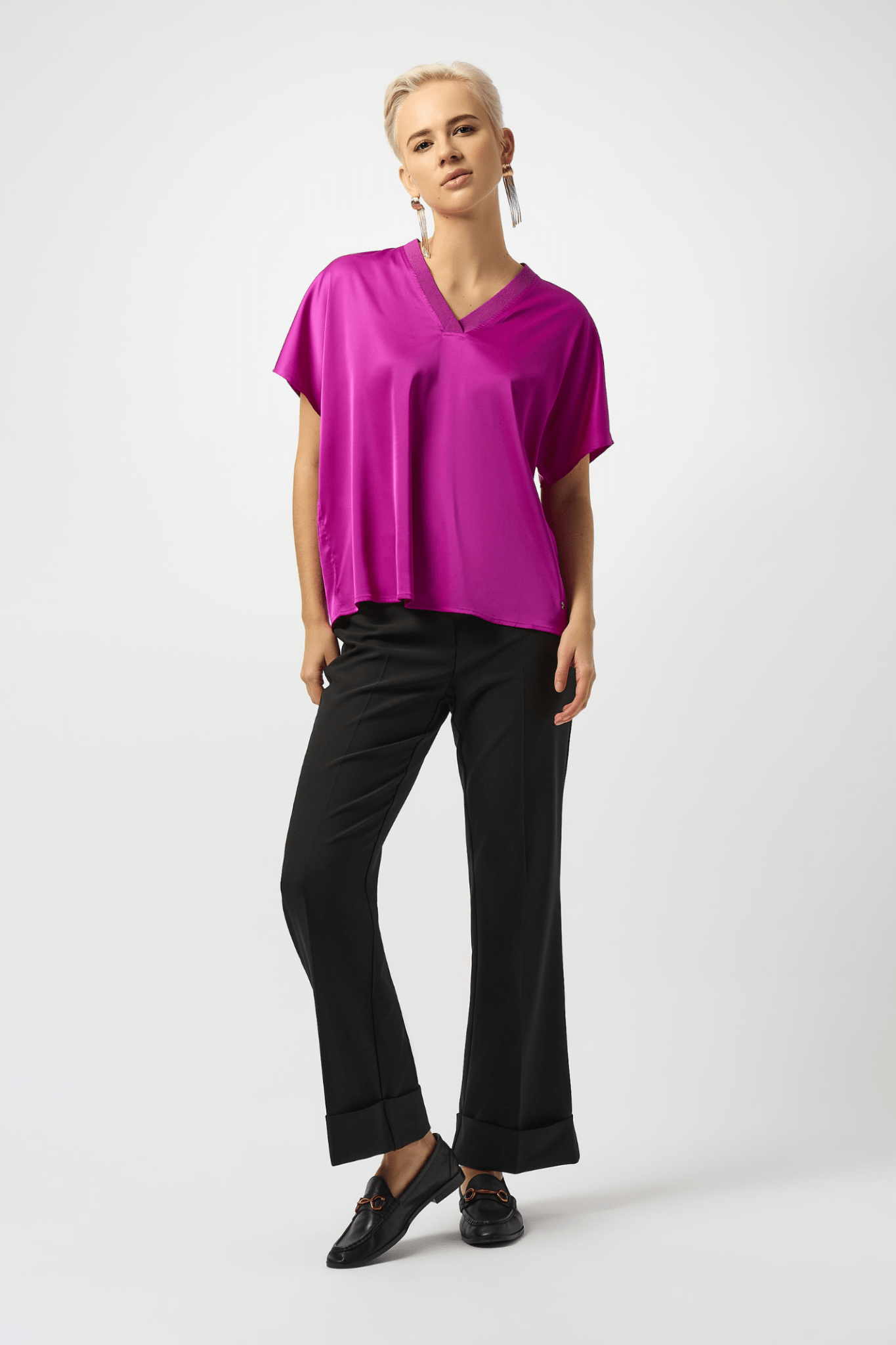 Joseph Ribkoff satin V-neck top in cosmos purple with relaxed fit and elegant drape