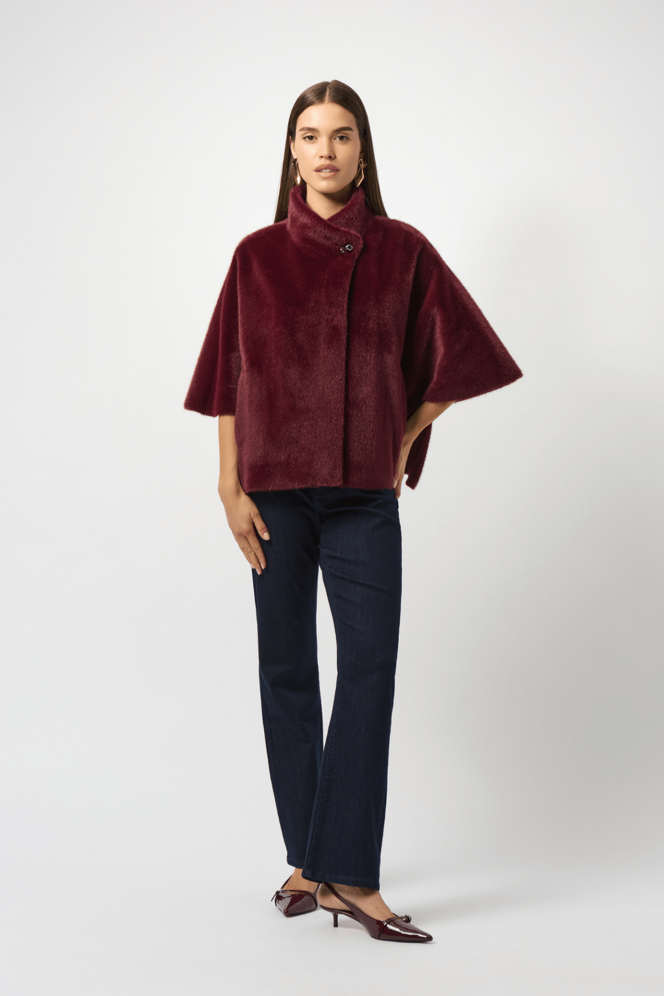 Joseph Ribkoff merlot faux fur suede jacket with mock collar – Dotique
